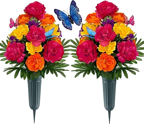 Flor de cementerio de seda con jarrón para tumba, juego de 2 ramos conmemorativos artificiales para lápida, color que no se decolora, decoraciones