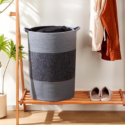Miniatura 5 de Homlikelan Cesta de lavandería tejida jumbo de 90 L con cuerda de algodón y fieltro, cesta de lavandería de 17 x 17 x 24 pulgadas de alto para