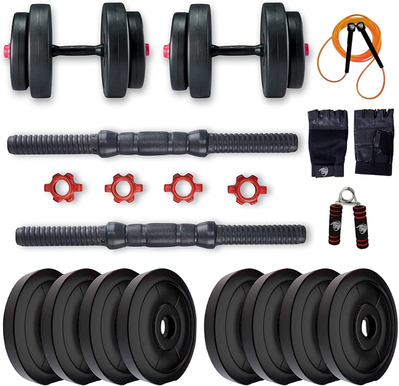 BULLAR Adjustable Dumbbell Set from 8 Kg to 20 Kg with Pair of Dumbbell Rods and PVC Weight Plates with Gym Accessories (16 KG)