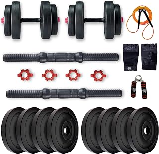 BULLAR Adjustable Dumbbells Set 8 Kg to 20 Kg with Pair of Dumbbell Rods and PVC Weight Plates with Gym Accessories (10 KG) silver