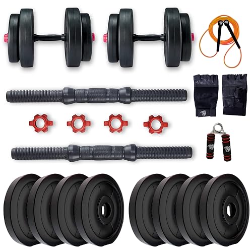 BULLAR Adjustable Dumbbells Set 8 Kg to 20 Kg with Pair of Dumbbell Rods and PVC Weight Plates with Gym Accessories (12 KG)