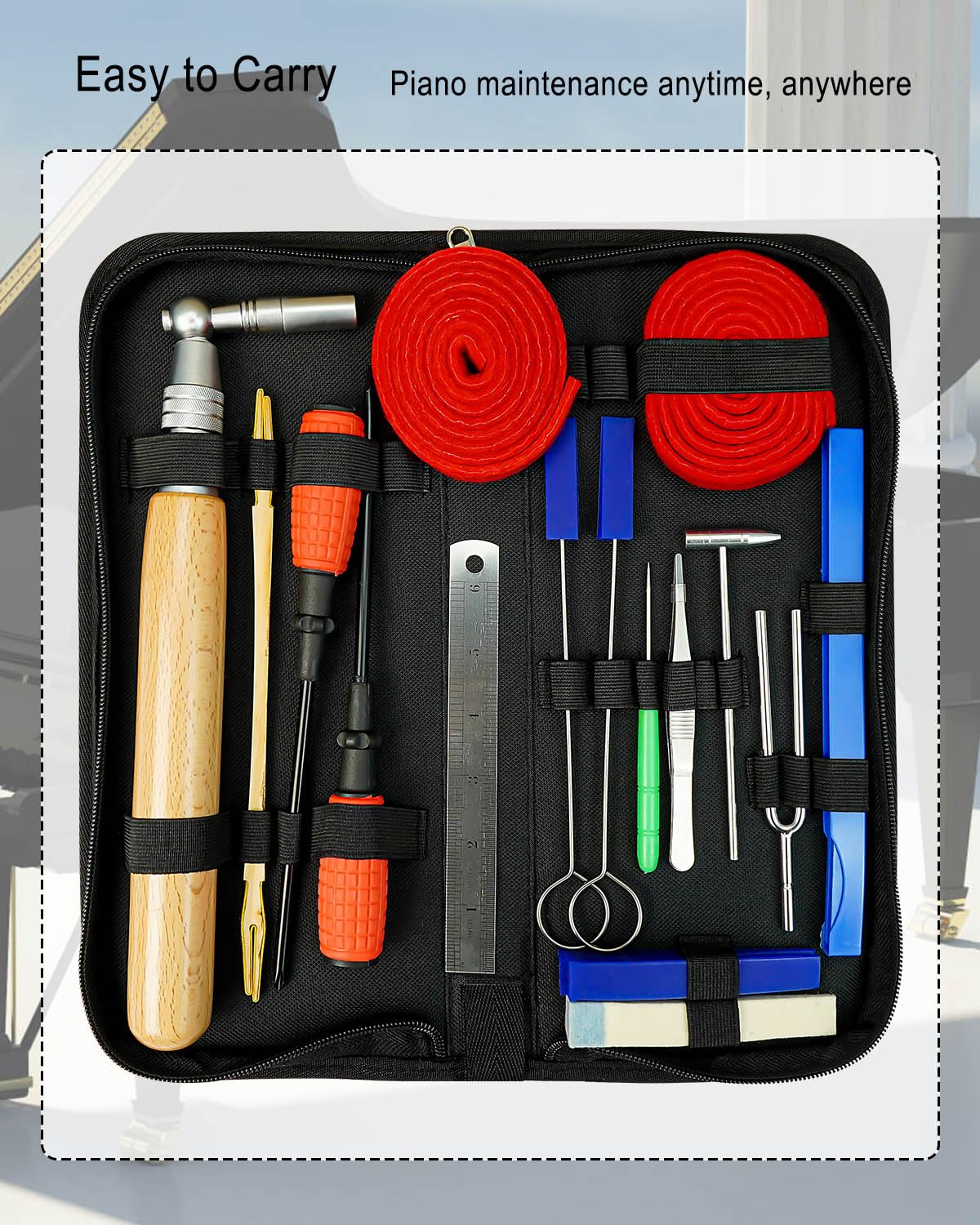 ULZOZN Kit profesional de afinación de piano, afinador de piano, martillo, kit de silencio, herramientas portátiles de afinación de piano, accesorios de reparación de piano, 18 piezas con funda para