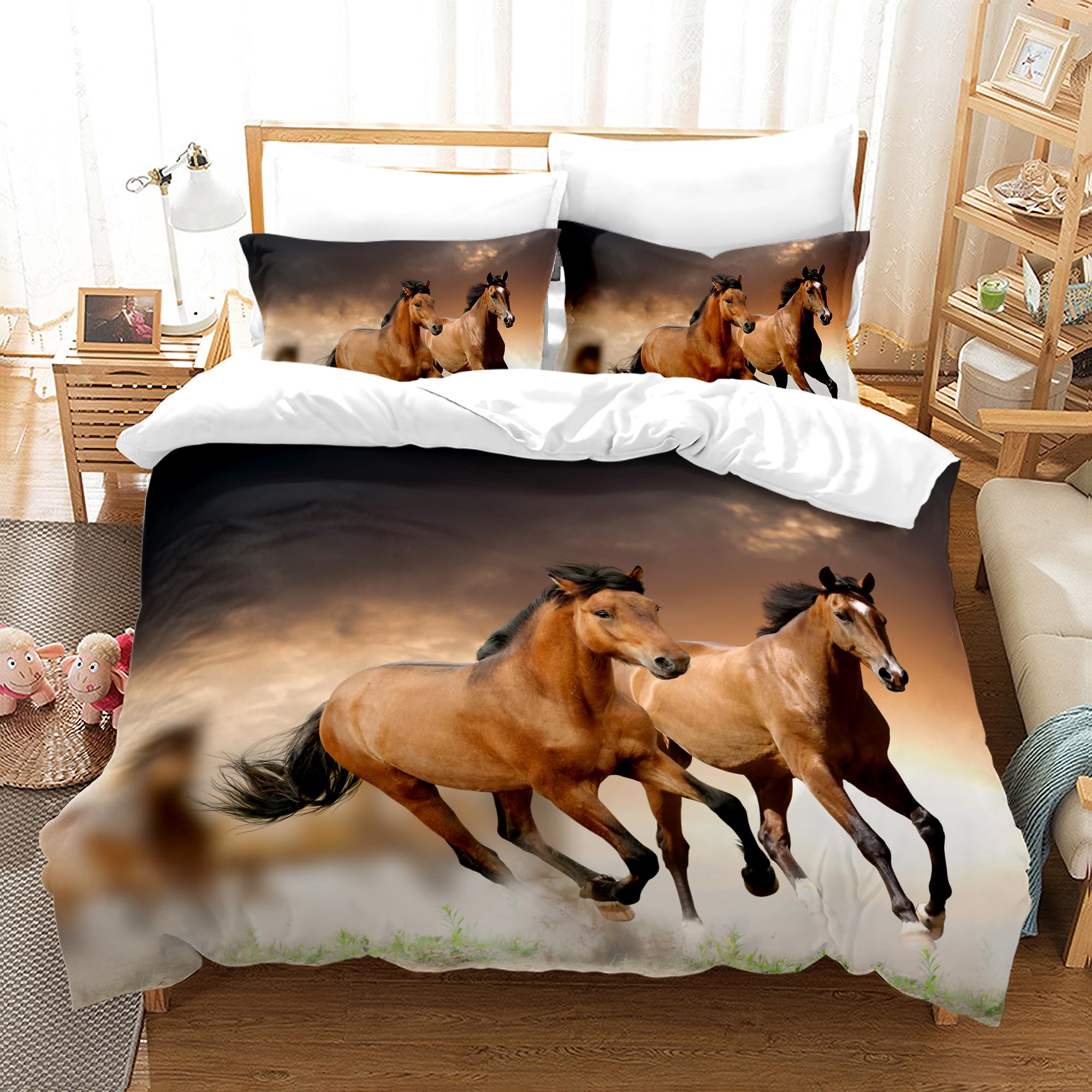 KAIDAARTLH Horse Print Bedding Set 220x240cm, Microfibre Duvet Cover with Zipper