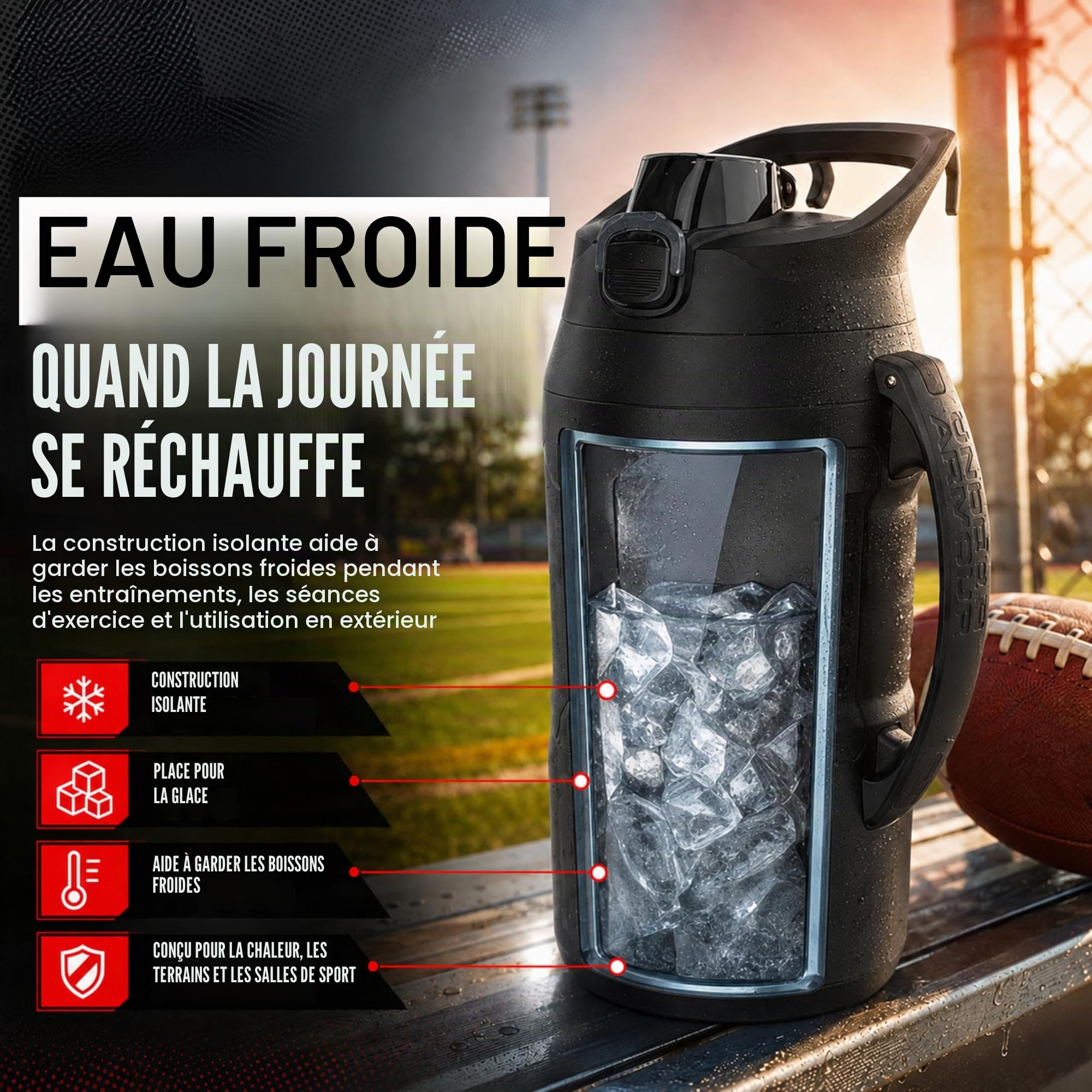 Under Armour Playmaker Carafe de sport, bouteille d'eau avec poignée, isolation en mousse et résistante aux fuites, 1,9 l, noir/noir