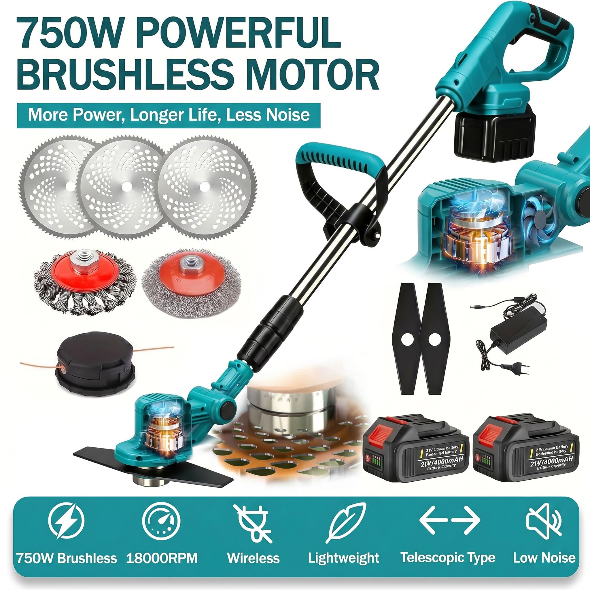 Desbrozadora eléctrica sin escobillas de 21 V, con cepillo para malas hierbas, con 4 tipos de cuchillas, desbrozadora eléctrica para césped, jardín