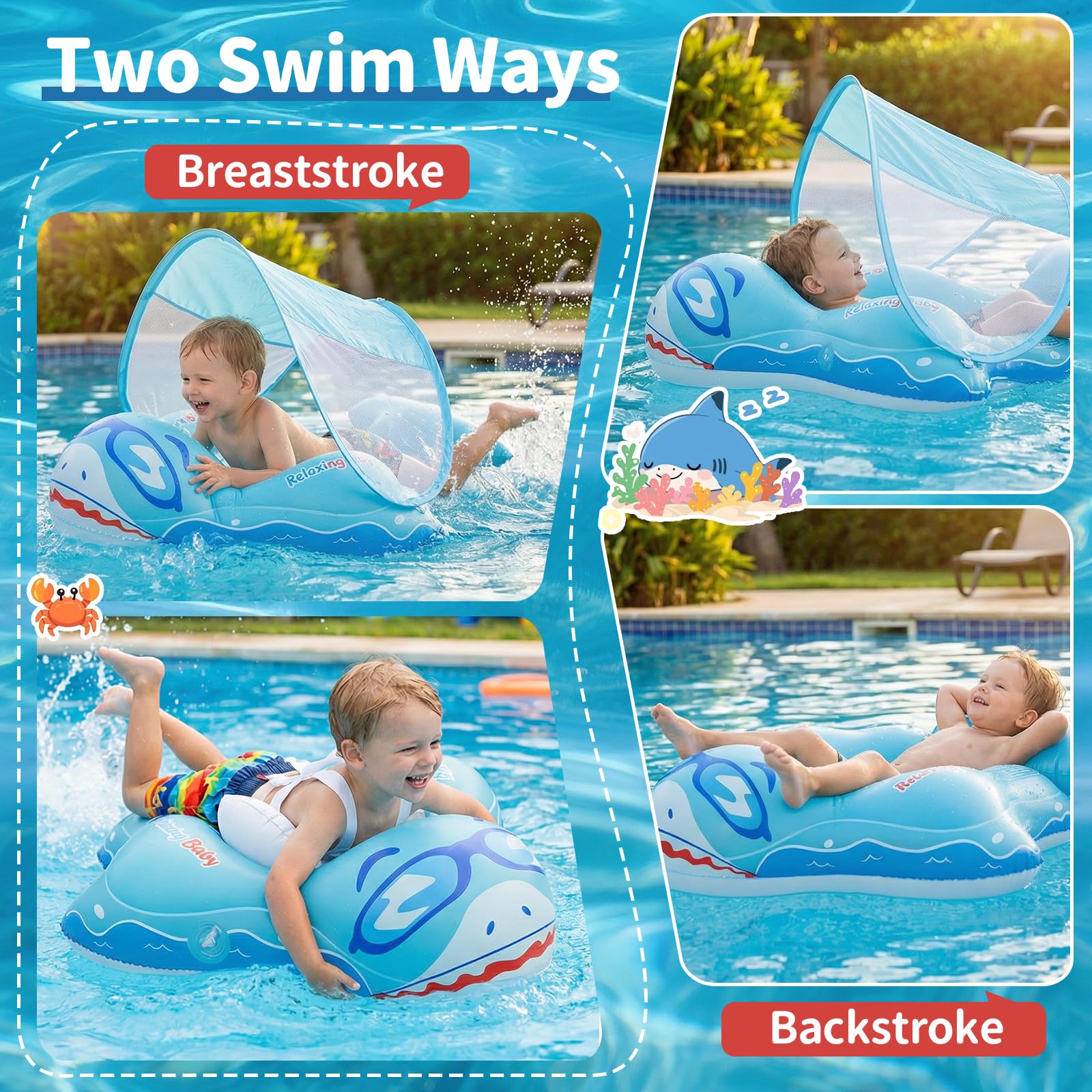 Flotador Bebe con Sombrilla UPF 50+ Ninonly Flotador con Proteccion Bebe Diseño Tiburón con Campana, Inflable Piscina para Bebe Asiento Ergonómico Anti-Vuelco Seguro para Piscina y Playa 12-36 Meses