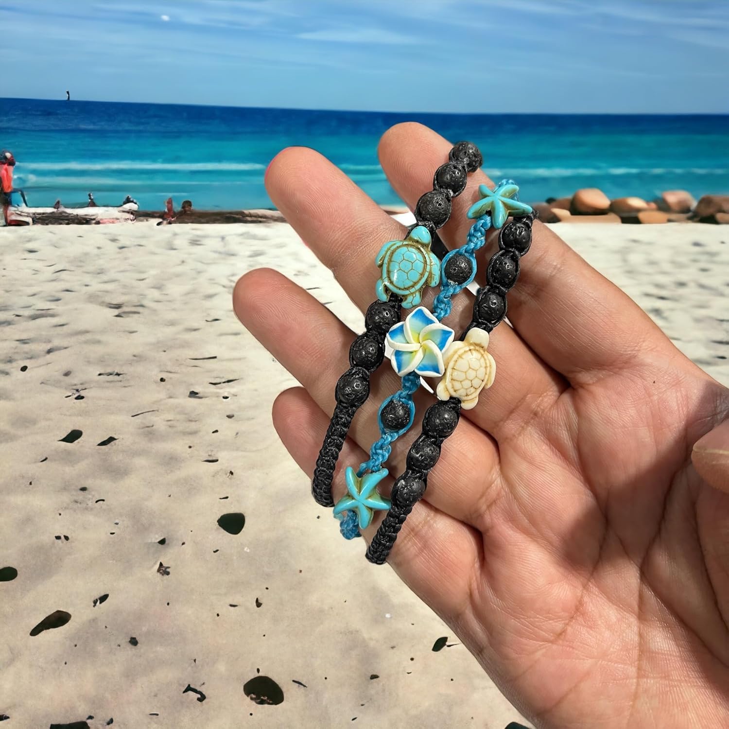 3 Pcs/Set Bracelet or Anklet Sea Turtle in Turquoise - Lava Rock Stone Beads Turtle Hemp - Adjustable Cord - Image 2