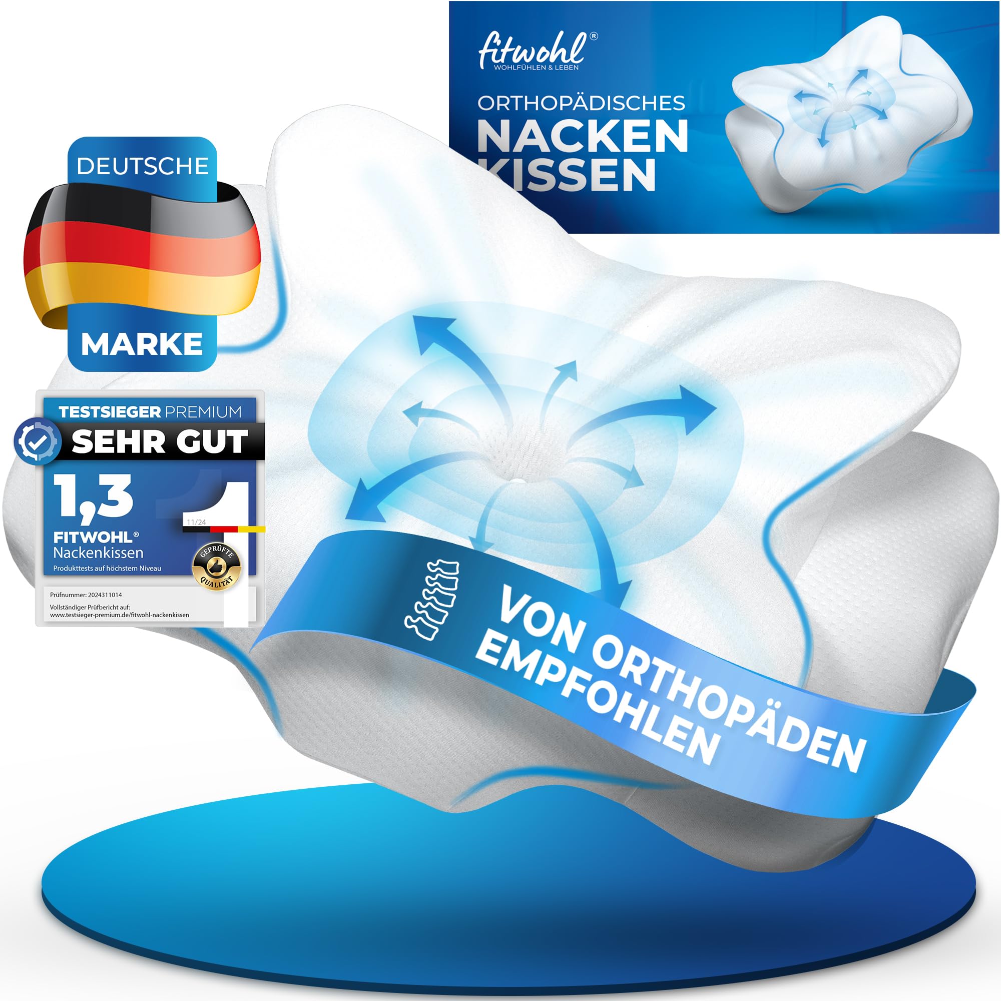 fitwohl® Orthopädisches Memory Foam Kissen für Nackenschmerzen - Ergonomisches Nackenstützkissen - Kopfkissen für Seiten