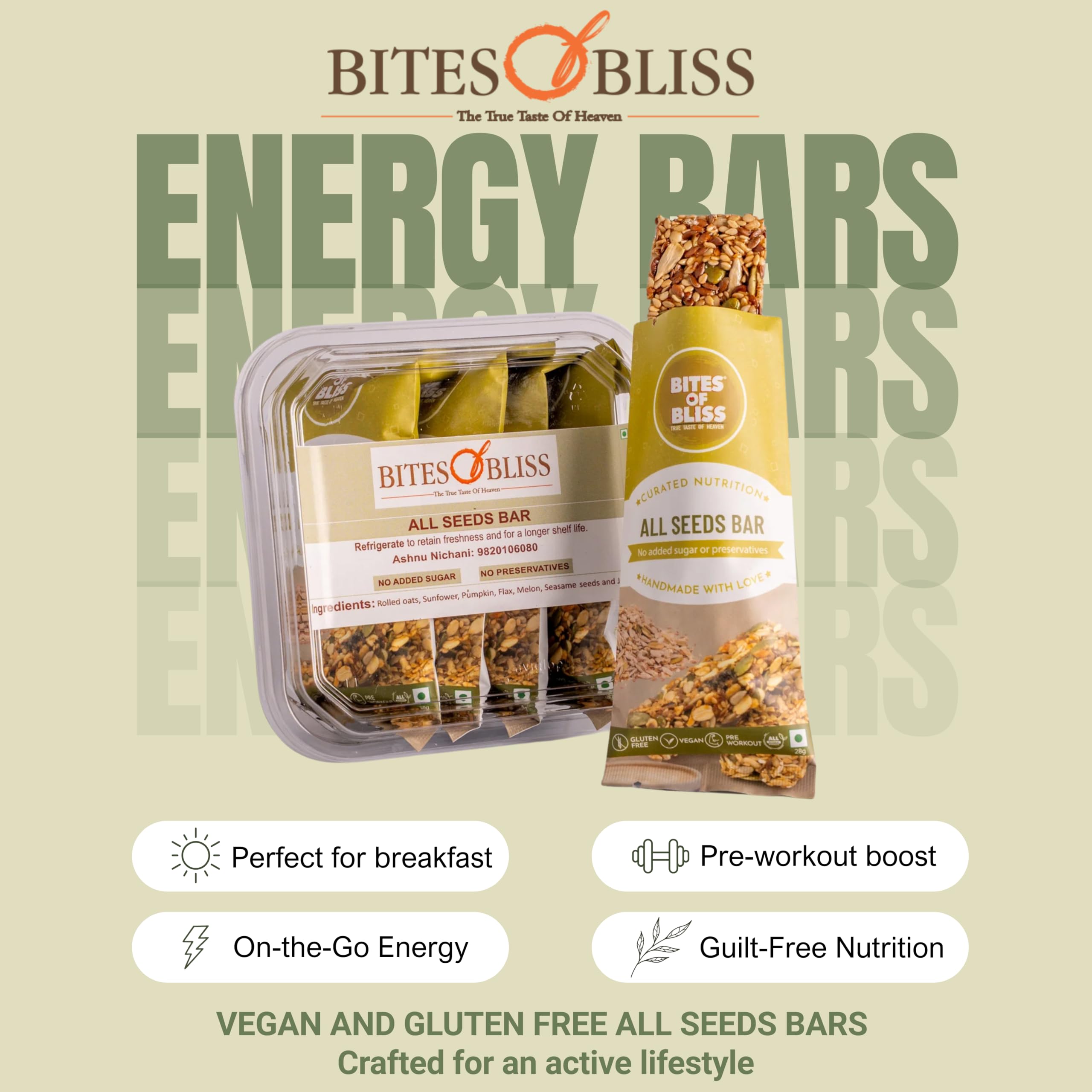 Bites of Bliss All Seeds Energy Bars | Almonds, Flax, Sunflower, Watermelon, Pumpkin & Sesame Seeds & Jaggery | Healthy Protein Snack Bars | Protein Bars Without Sugar | All Natural, Gluten Free & Vegan | Single Pack — Amazon image 2