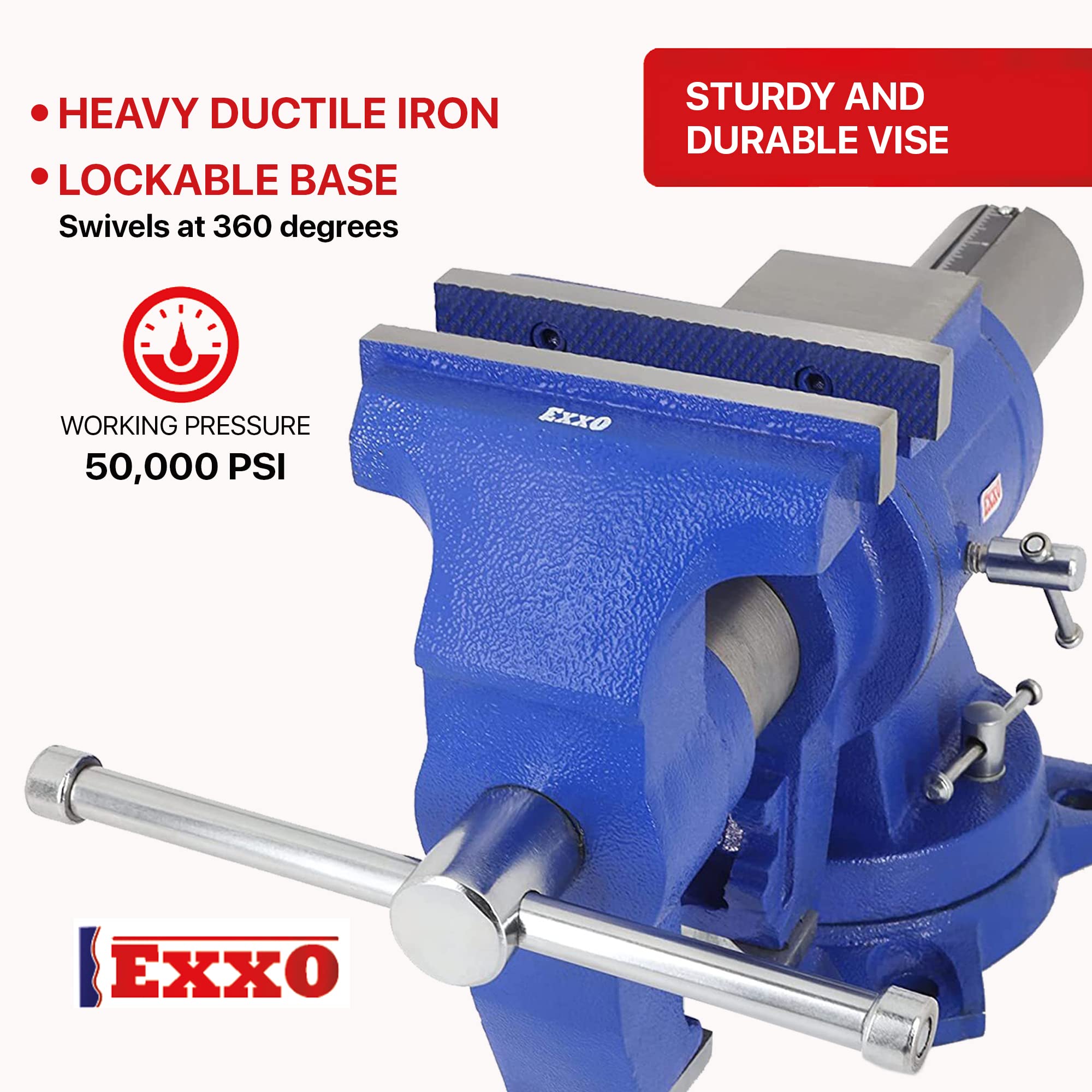 Exxo 9" Bench Vise - Cast Iron, 3" Jaw Depth, With Toe-In Feature & C-Clamp Base