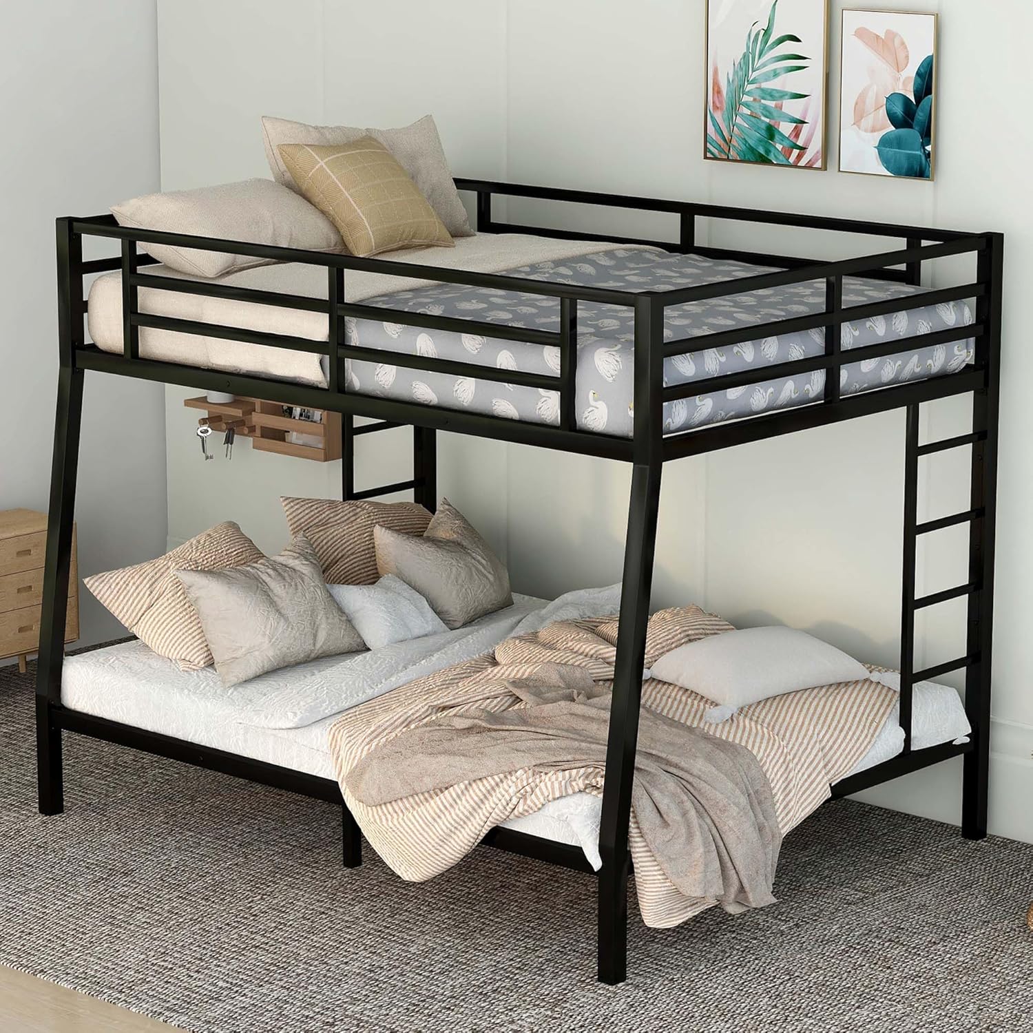 Full XL Over Queen Bunk Beds for Adults and Teens, Heavy-Duty Metal Bunk Bed Frame with 2 Ladders for Boys Girls,Space-Saving,Noise Reduced,Black