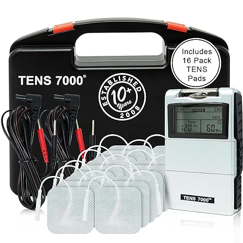 TENS 7000 Unidad digital TENS con accesorios, incluye 16 electrodos - Unidad TENS estimulador muscular para aliviar el dolor de espalda, alivio