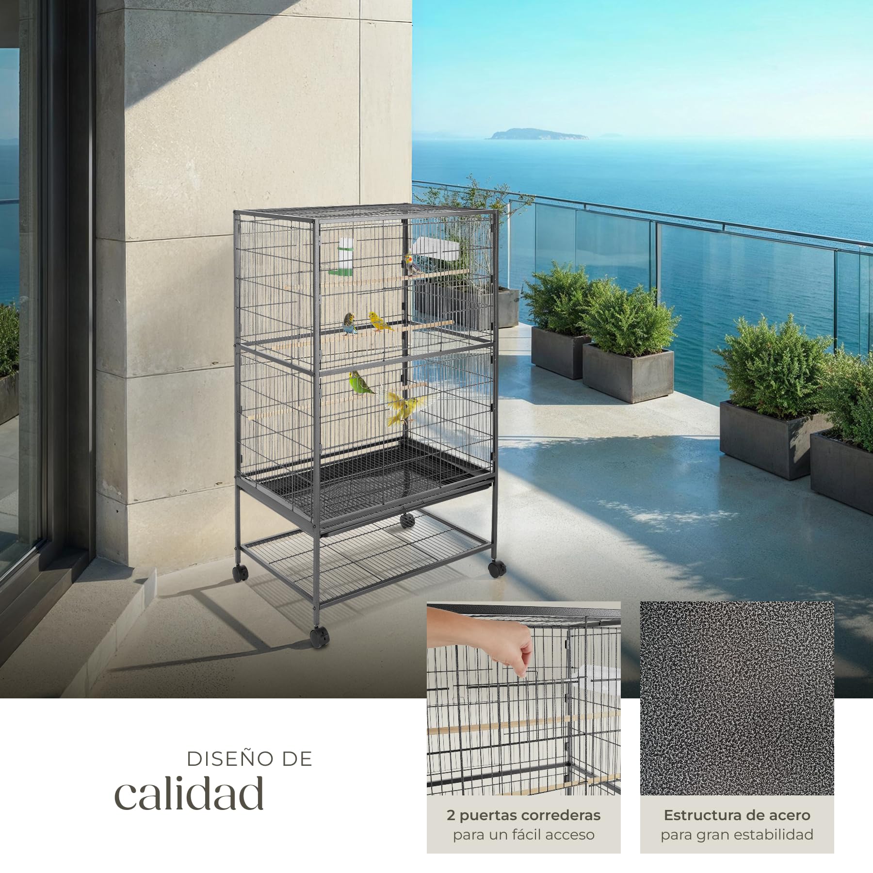 tectake® Pajarera con Ruedas Bloqueables y Bandeja Extraíble, Jaula Pajaros para Loro, Canario, Ninfas y Periquitos, Incluye Comedero, Bebedero y Rejilla Inferior Segura - 78 x 52 x 131 cm