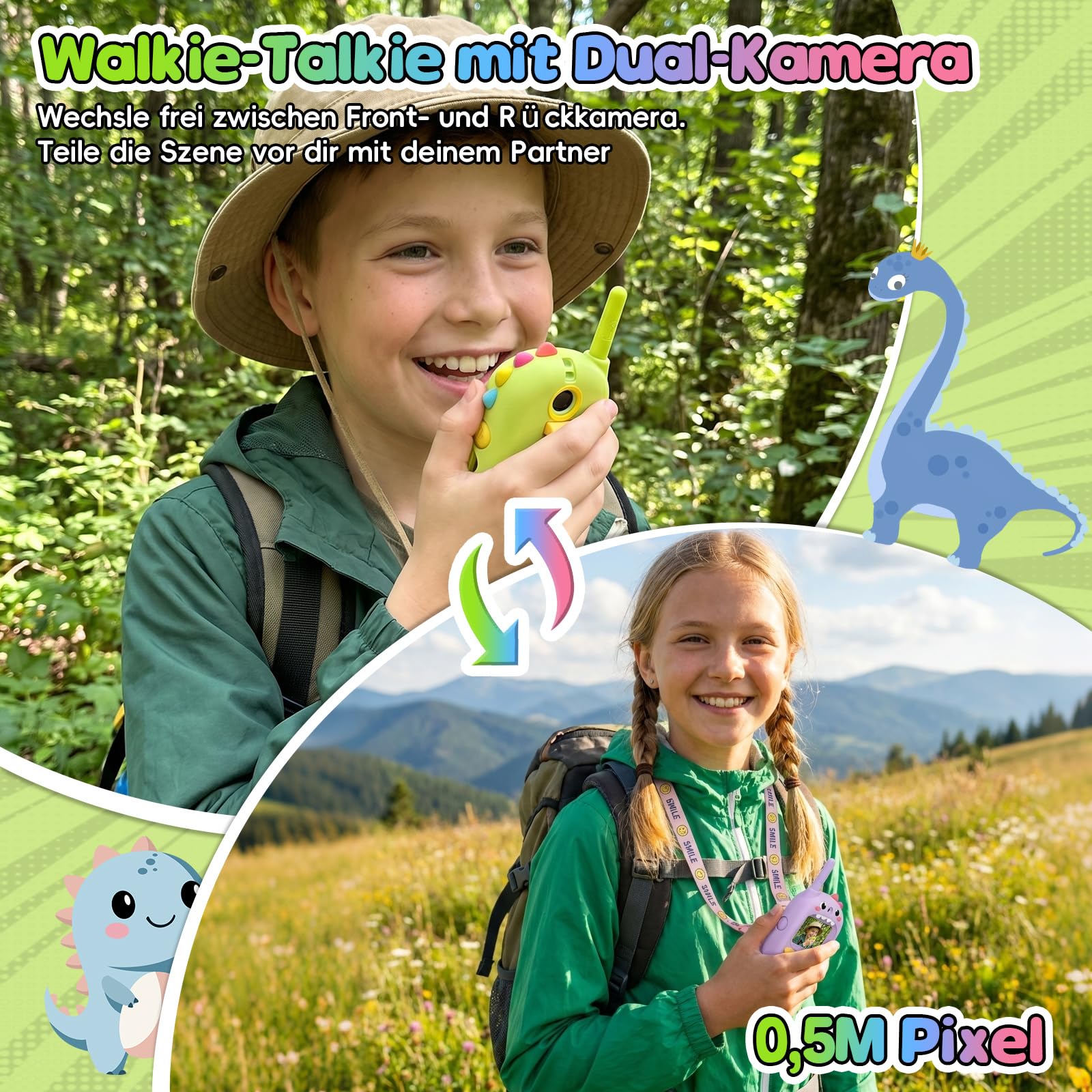 Dualkamera Video Walkie Talkie Kinder, 2er Set Walkie Talkie Kinder, Große Reichweite & 4 Stimmeffekte Funkgeräte Spielzeug für Indoor & Outdoor, Weihnachten Geschenk für 3-12 Jahren Junge und Mädchen