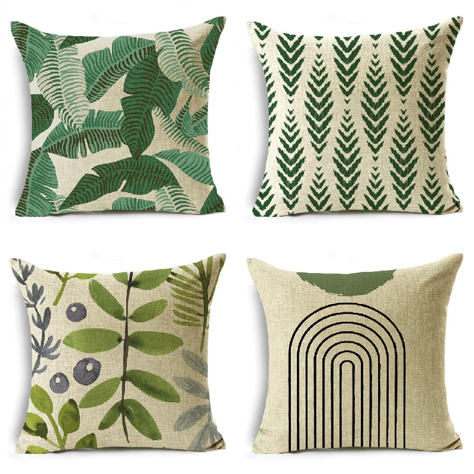 Federe Cuscini Divano,4 Pack Fodere Cuscini per Divano Foglie di piante Esterno Giardino Decorativi Copricuscini Lino Copricuscini Divano,per Moderne Divano Soggiorno Sedia Letto 50x50cm(Verde) HZ7735