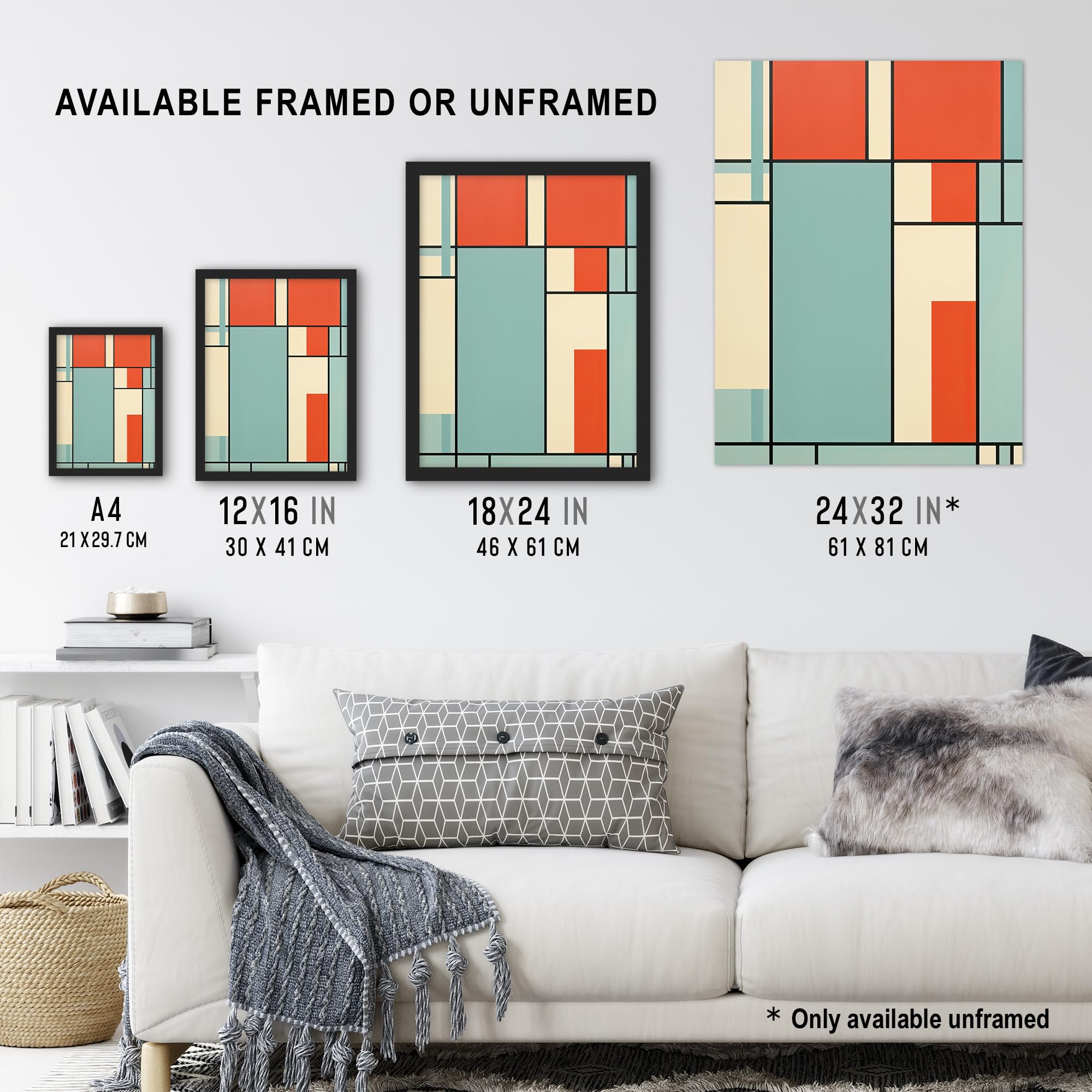 Artery8 Piet Mondrian Inspired Teal And Coral Abstract Geometry Artwork Extra Large XL Wall Art Poster Print - Image 3
