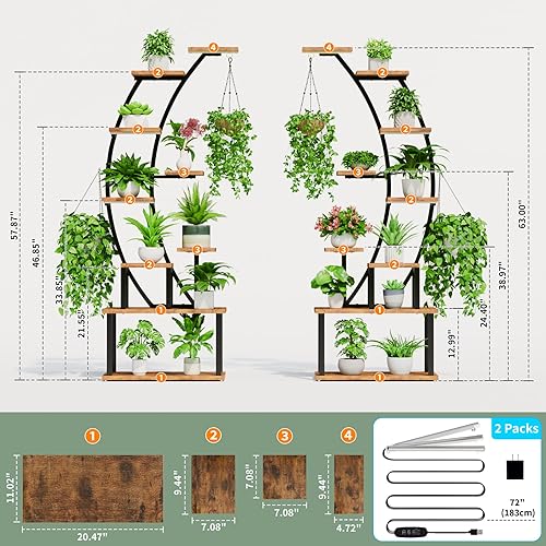 Miniatura 7 de Soporte para plantas de interior con luces de crecimiento, estante de metal de 9 niveles, soporte de plantas de 64 pulgadas de alto para plantas de