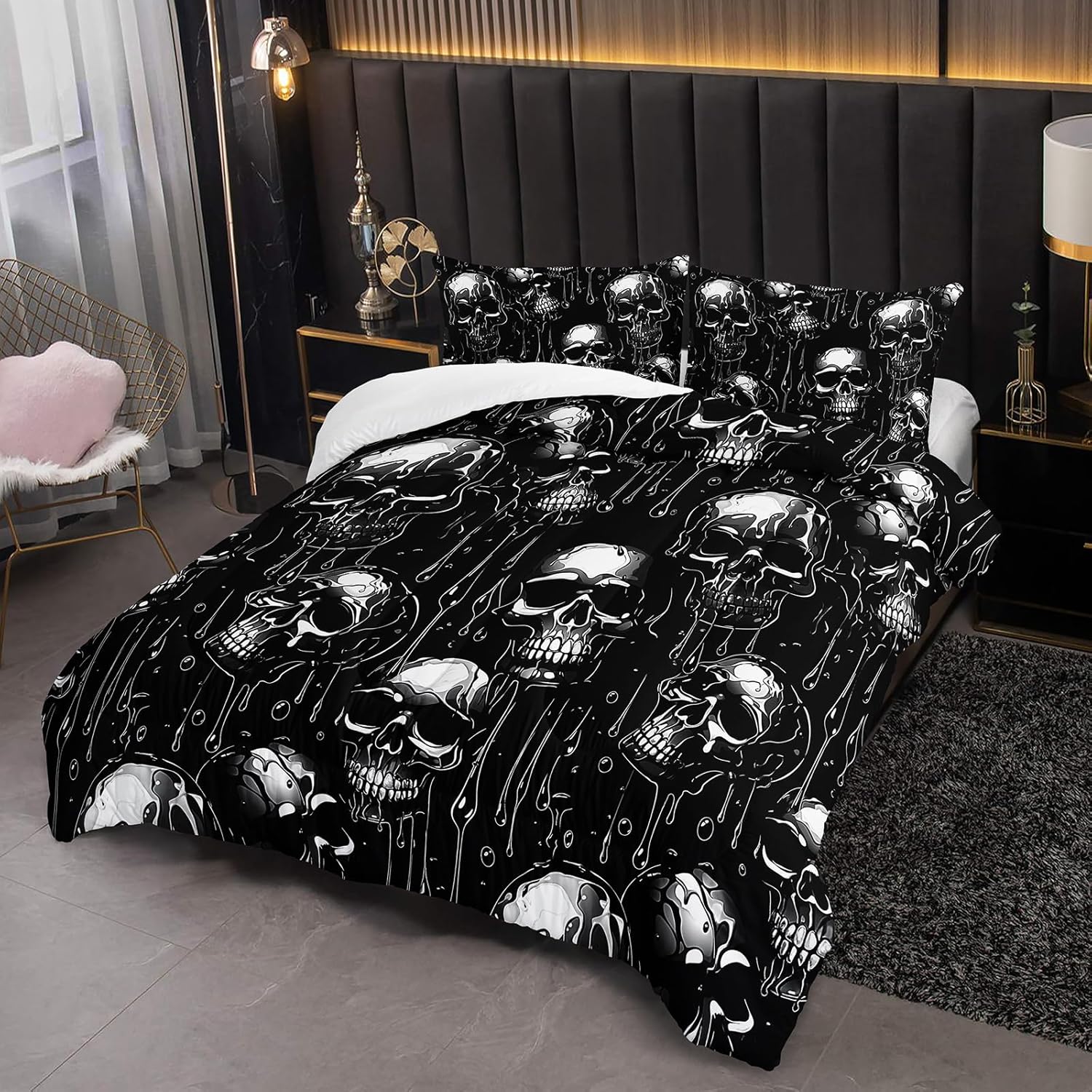 Black Skull Comforter Set Queen Size, Skull Skeleton Soft 3 Pcs Bedding Set for Kids and Adults, Gothic Halloween Comforter Set with 2 Pillowcases for Bedroom All Season