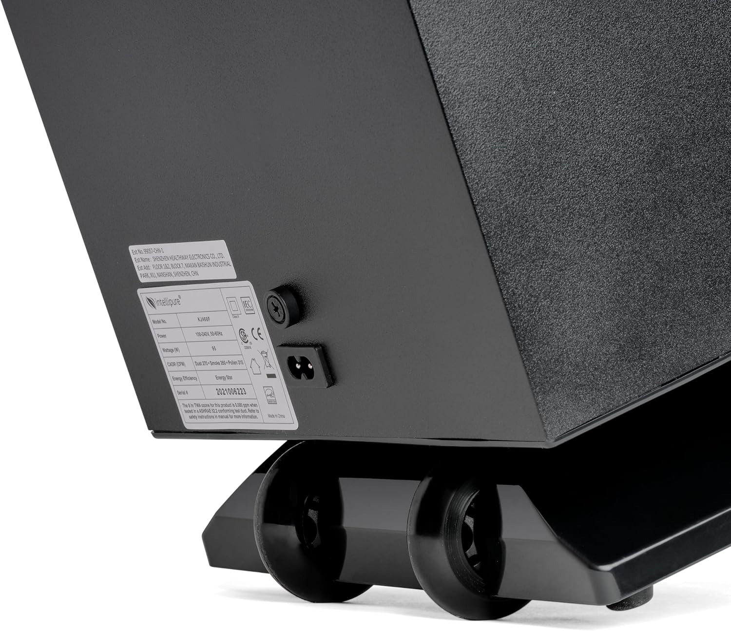 Kumashure kweIntellipure air purifier kunoratidza simba rekuisa uye label yechigadzirwa ine nhamba yemuenzaniso KJ468FT_blk.