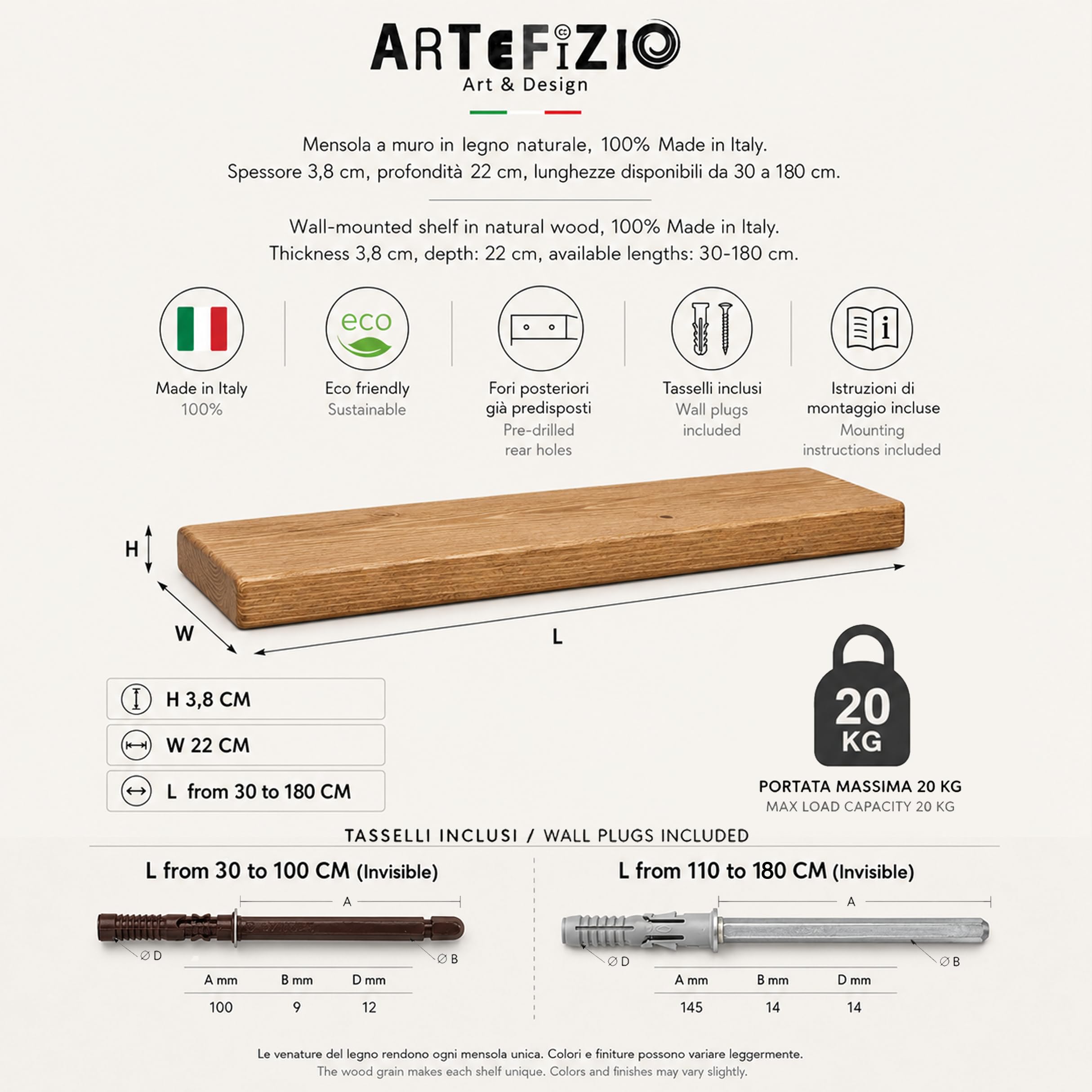 Artefizio Mensola a Muro in Legno Naturale, Scaffale Sospeso 11 Colori | Mensola sospesa in legno naturale, ideale per arredare bagno, cucina, camera, soggiorno e ufficio