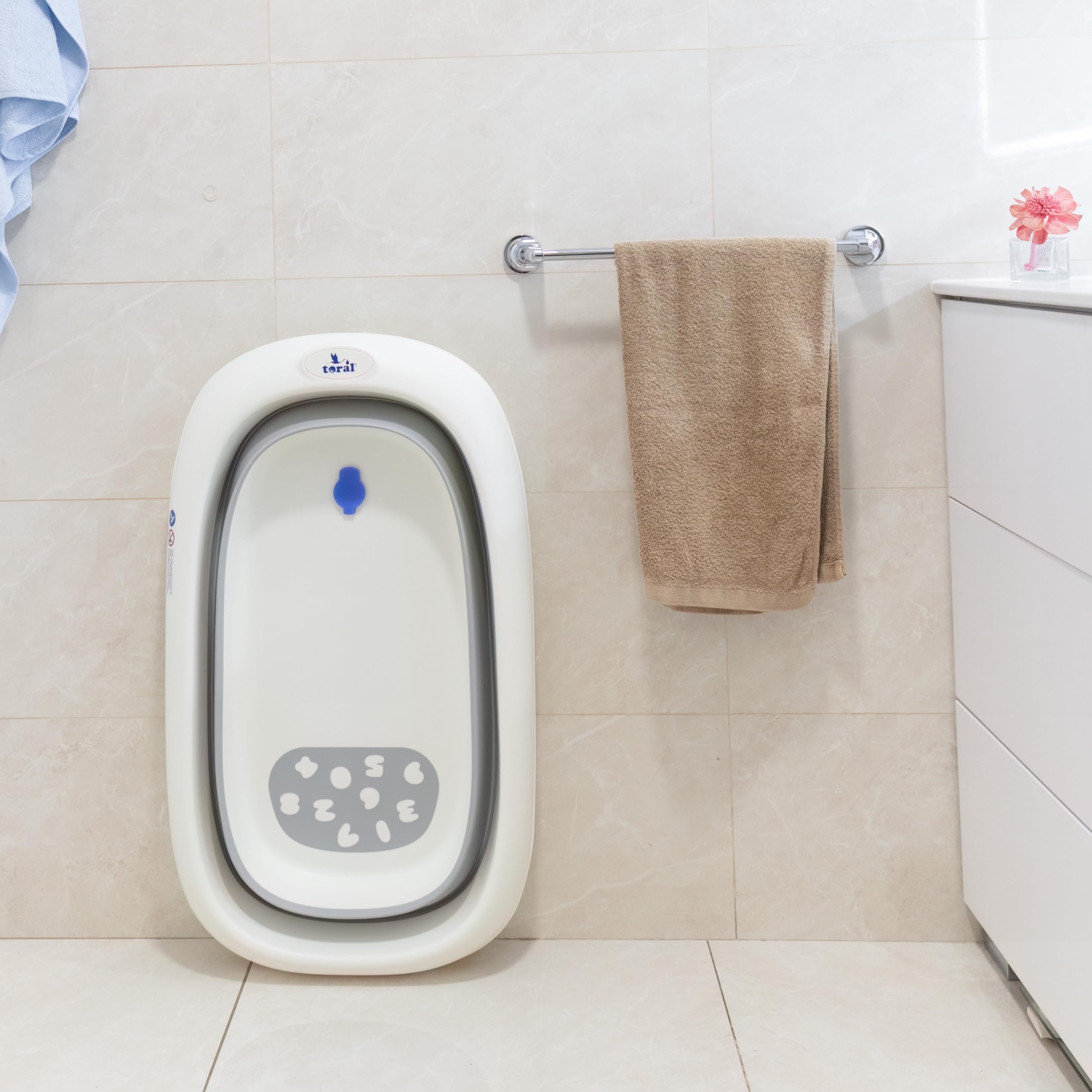 Toral Bañera Bebe con Patas y Cojín Comoda, Facil de Guardar, con Tapón y Patas Antideslizantes - Bañera Bebé Plegable Portatil - Asiento Bañera Bebe modelo Iris