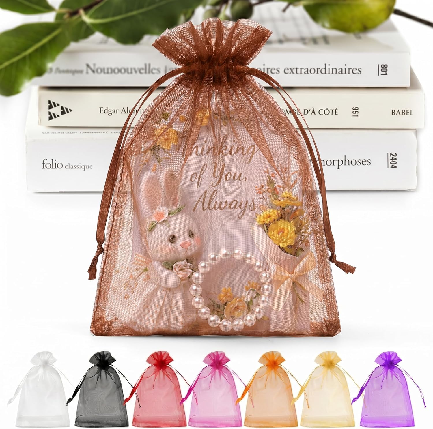 ANZNKU 100 PCS Organza Bags 5 x 7, Brown Small Mesh Gift Bags Drawstring