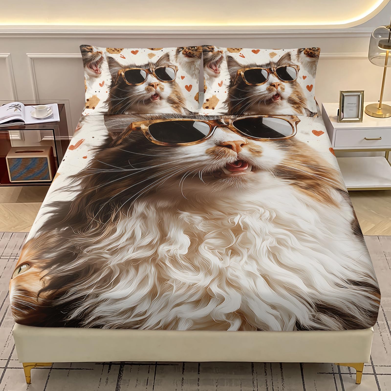 AILONEN Cartoon Cat Bedding Set Queen Size,Funny Sunglasses Kitten Fitted Sheet with 2 Pillowcases,3-Piece Cute Cookies Hearts Decor Bedsheet Set for Kids Teens