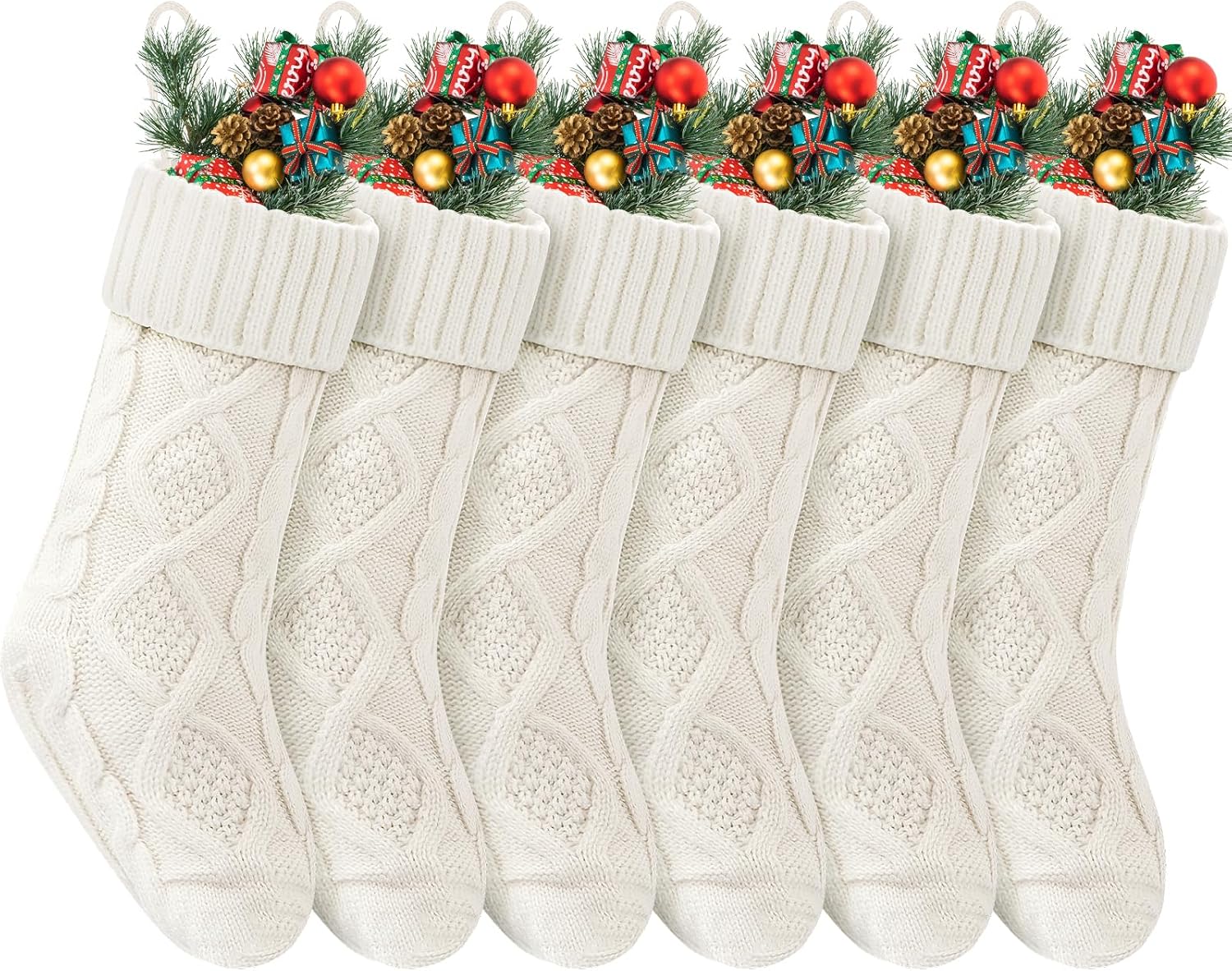 vibilia christmas stockings 6 pack, 18 inches large size knitted xmas stocking for fireplace, holiday party decorations (white) white 6pcs