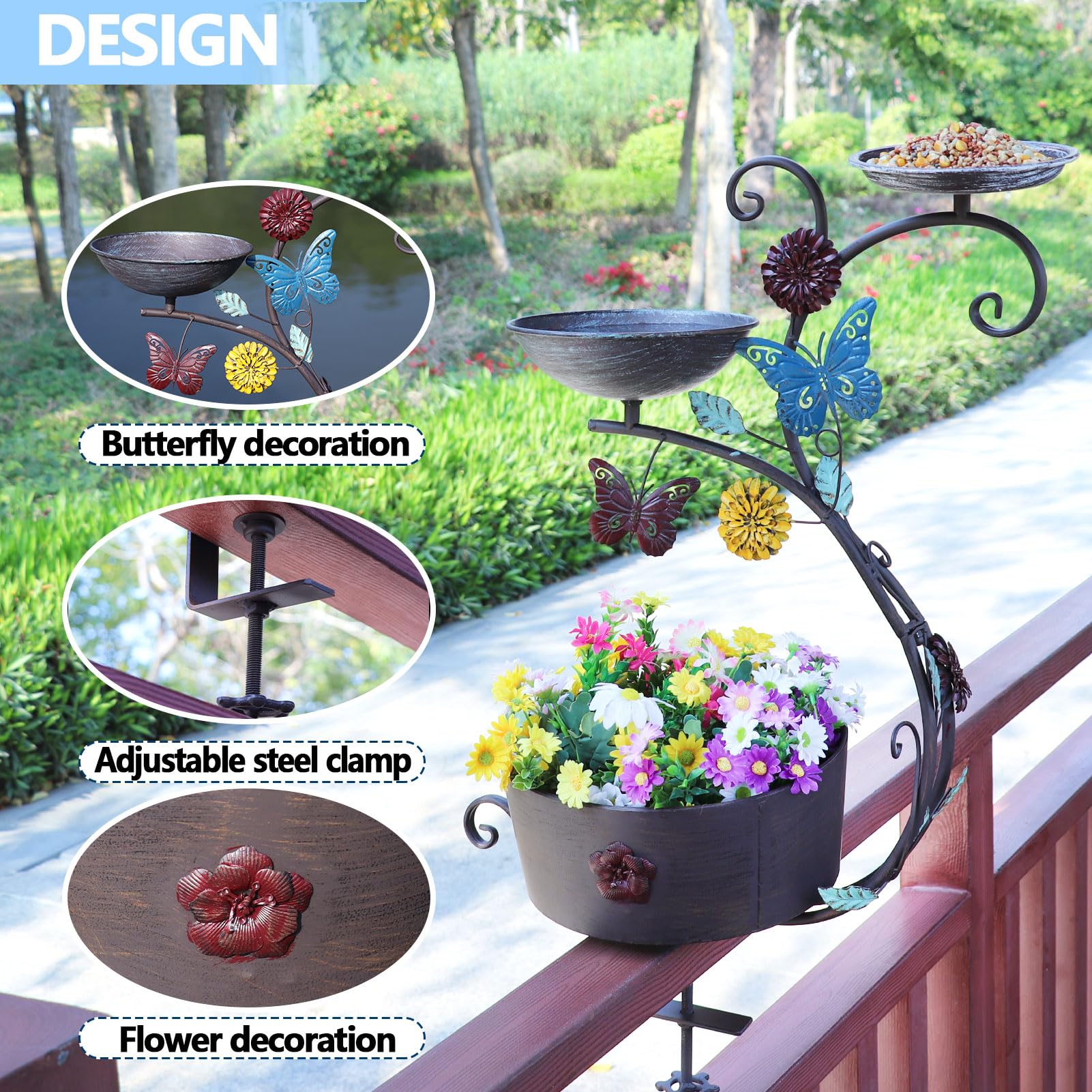 HLQMFHT Baño para pájaros de cubierta, baño para pájaros y comedero para pájaros, pedestal para plantar flores, baño para pájaros montado en la cubierta, para jardín, balcón, patio, decoración de