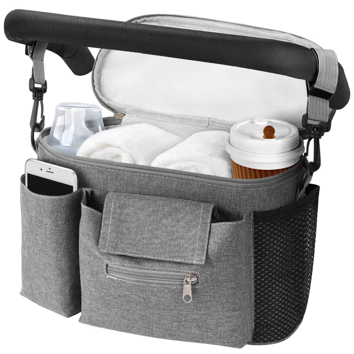 HOTUT Kinderwagen Organizer, Universal Kinderwagentasche mit Isolierte Getränkehalter,Wasserdichte Kinderwagen Tasche, Verstellbarer Schultergurt,Windeltasche mit großer Kapazität für Handys(Grau)