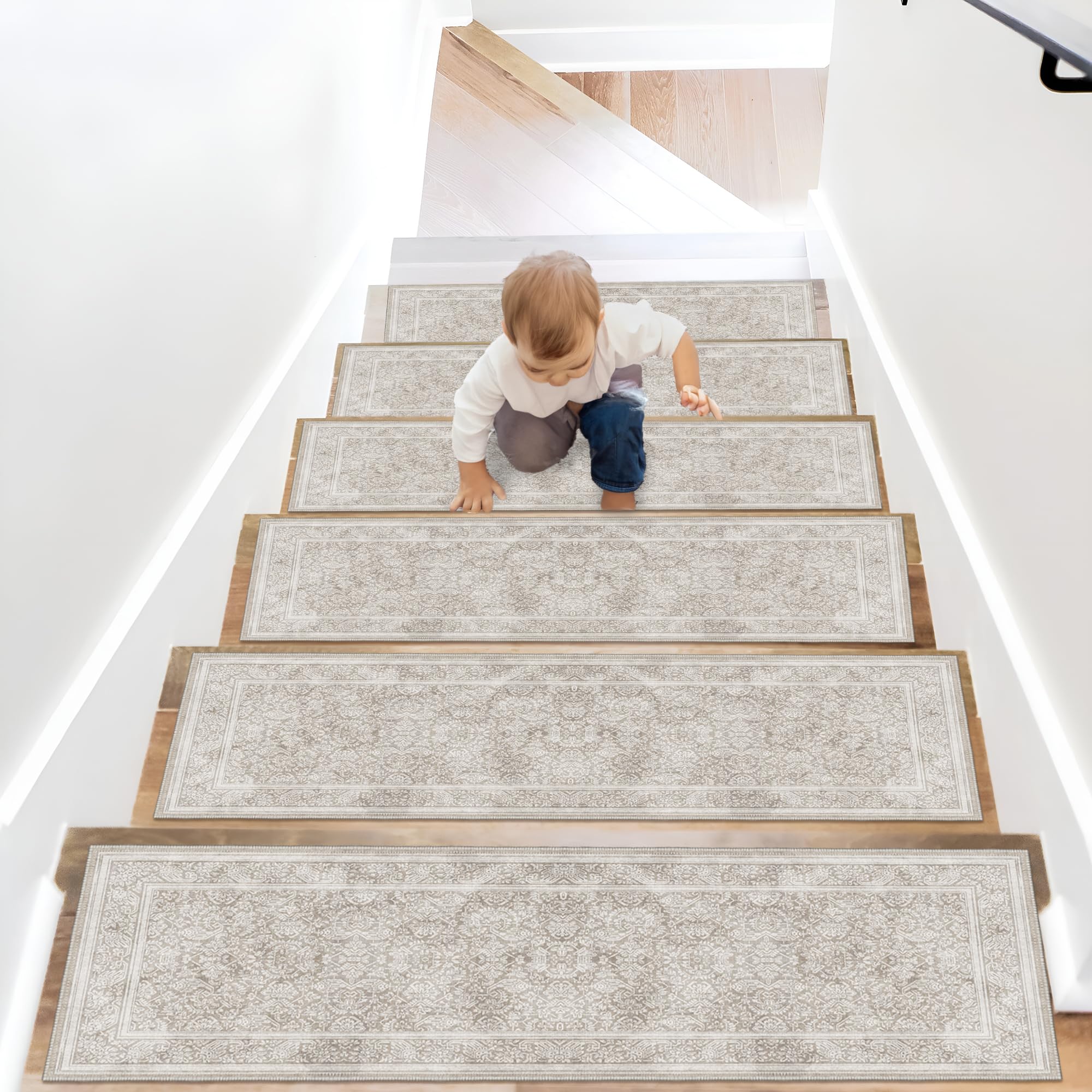 HomeNette Non-Slip Carpet Stair Treads, Rubber Back 8x28 (7 in Pack) Machine Washable Beige Runner Rug for Indoor Wooden Steps, Safety Decorative Mats