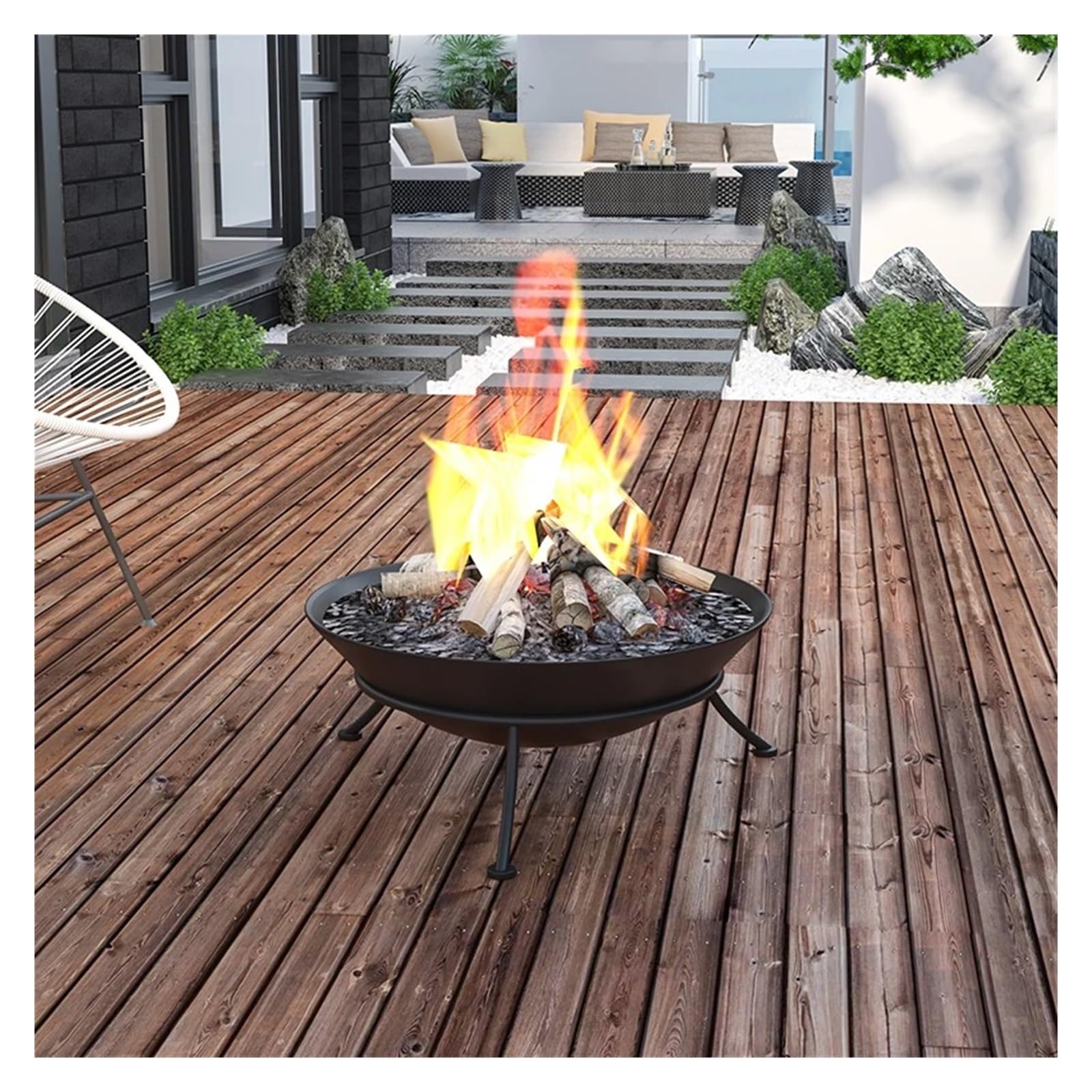Palenisko, 60cm stalowa duża misa paleniskowa żeliwne palenisko, nowoczesne kominek ogrodowy na zewnątrz patio w ogrodzie taras Camping na patio, podwórko