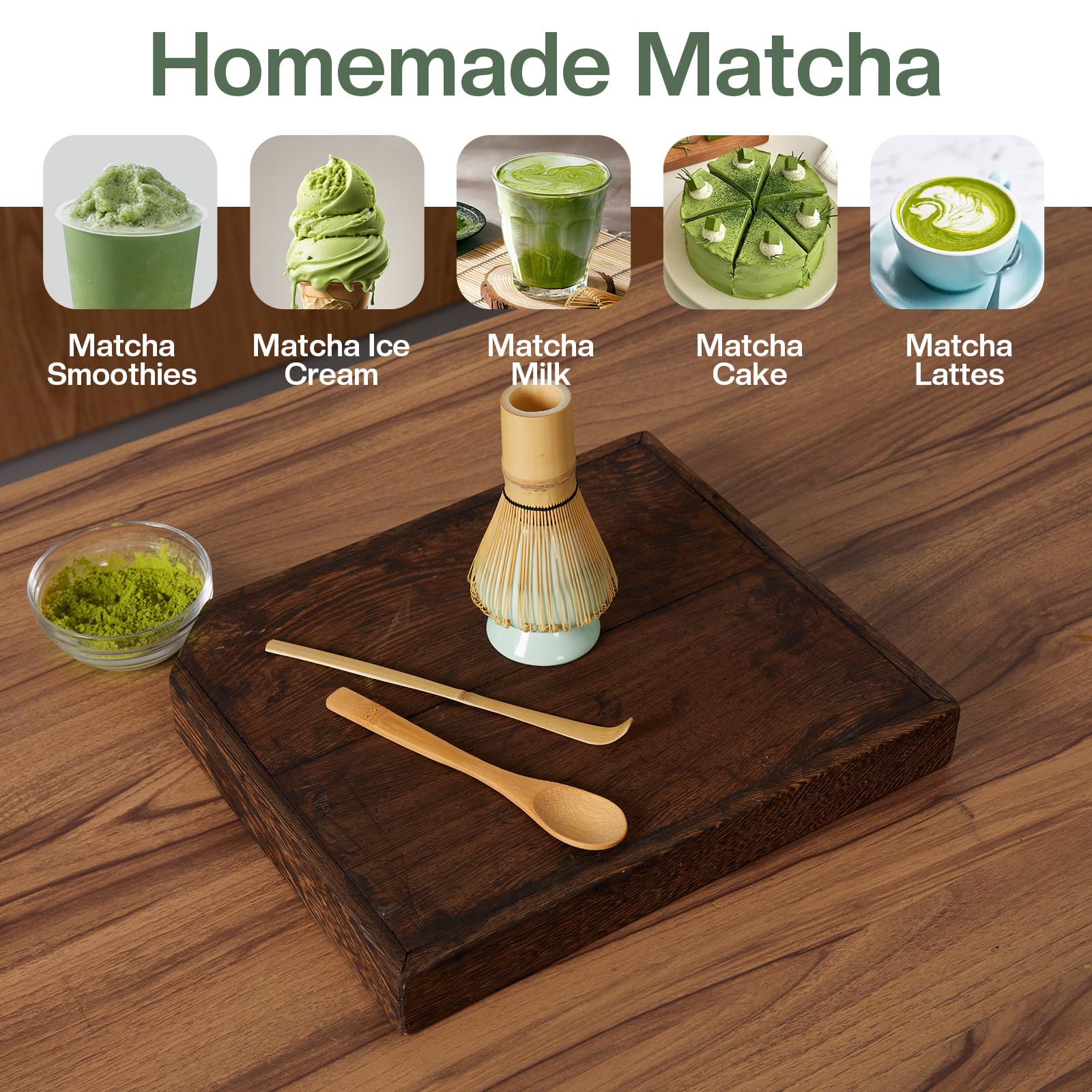 Zanfqvo 4 Pezzi Kit Matcha - Set con Frusta, Cucchiaino, Porta Frusta (Ciano)