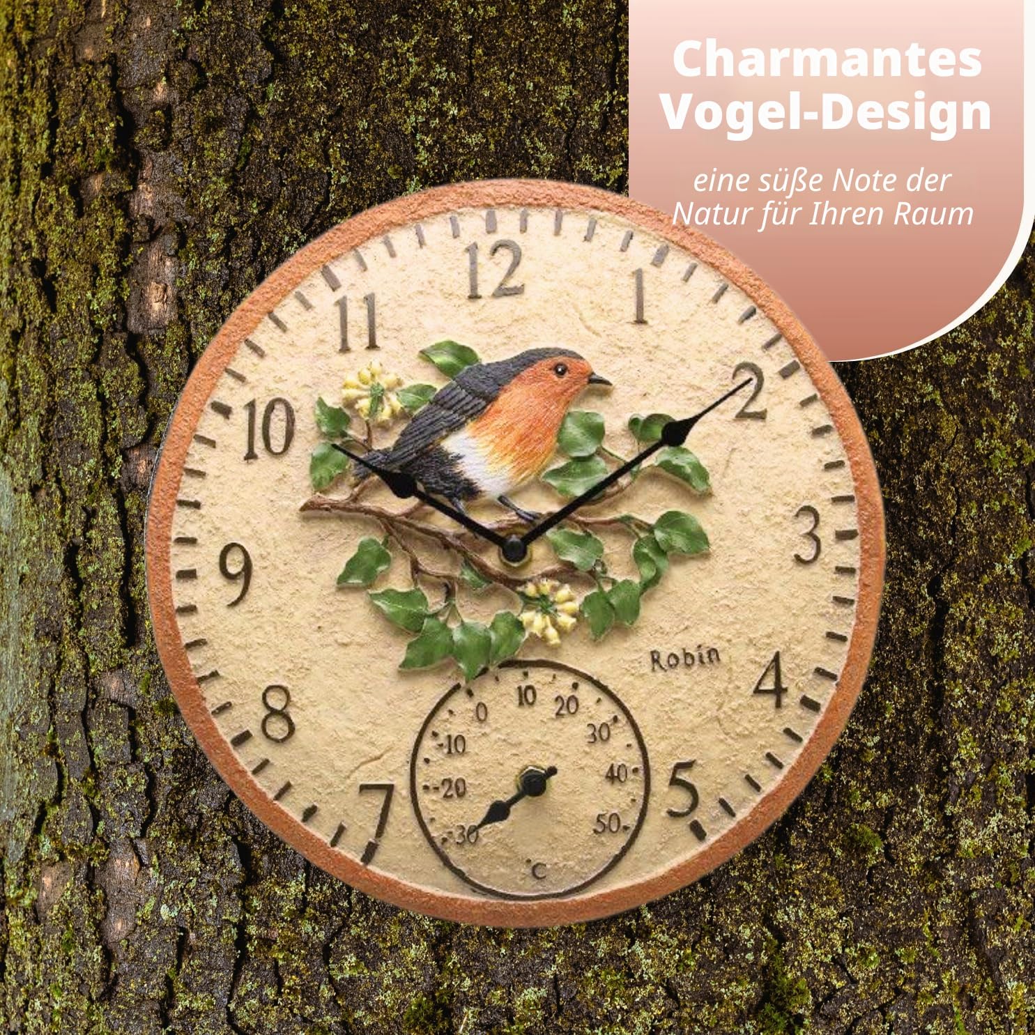 Garden Mile 30 cm Rotkehlchen-Gartenuhren für den Außenbereich, wasserdicht, mit Thermometer für Garten, analoge Außenuhren für Garten, wetterfest, Außenuhren für Küche, Wohnzimmer und Terrasse