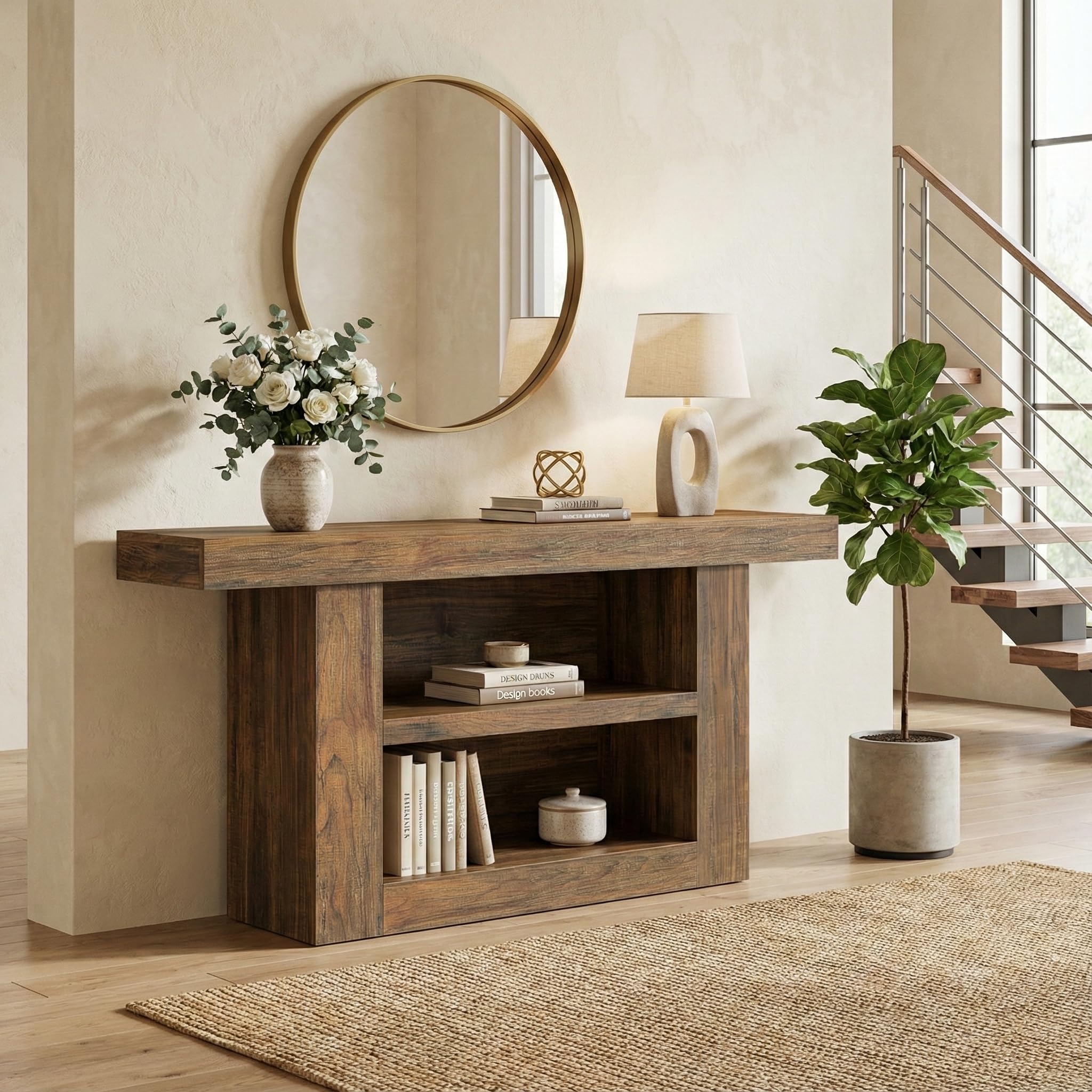 Lailang 160cm Mesa de Entrada, Mueble Pasillo Estrecho, Recibidor Entrada con Estante, Consola Recibidor Madera, Muebles Auxiliares de Salon, Recibidores Modernos, 160 x 8 x 20 cm, Brown