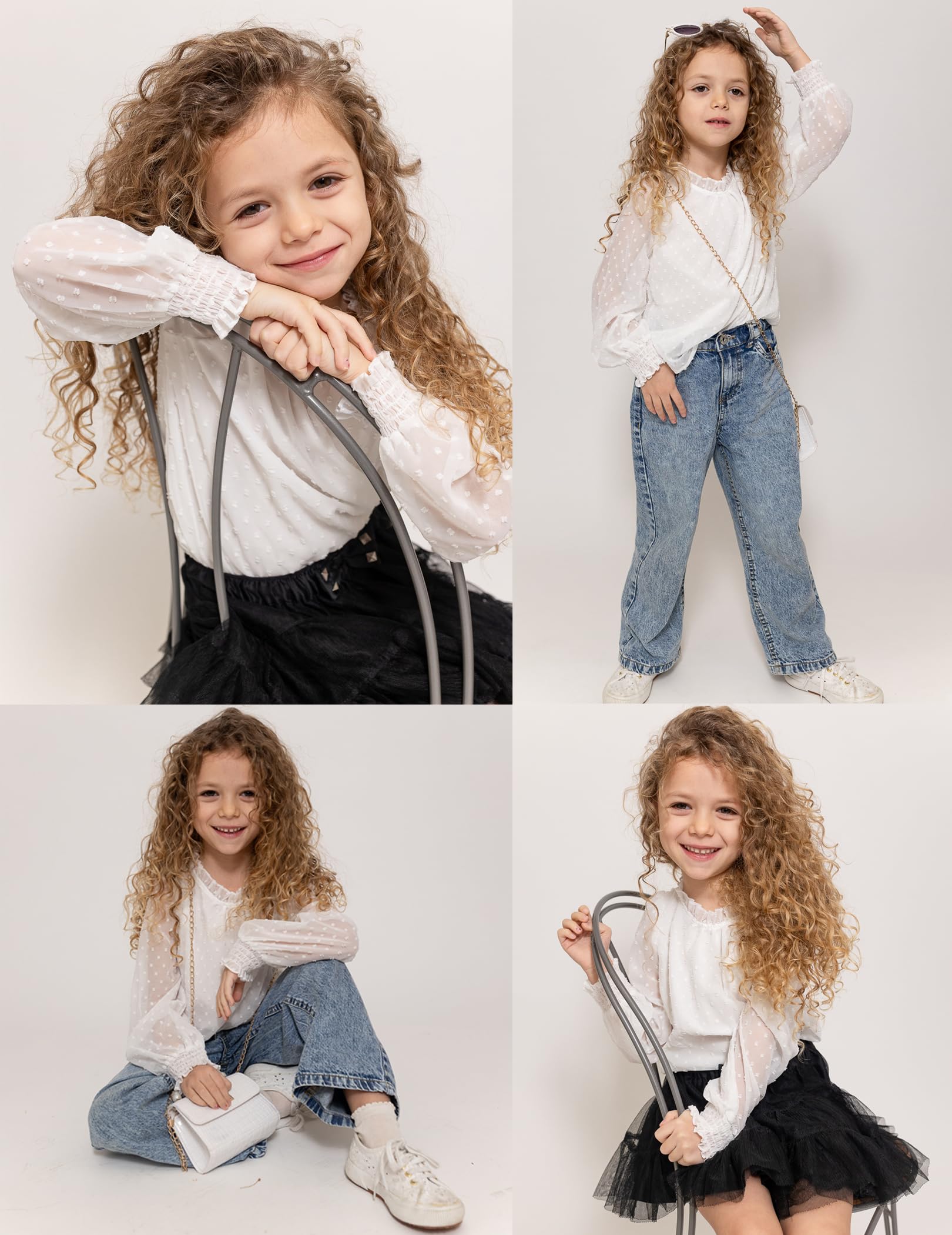 Arshiner Filles Chemise à Manches Longues Mousseline Enfants Point Poignets Plissés T-Shirt Élégant Loisirs Automne Hiver Chemisier pour Fille 4-13 Ans