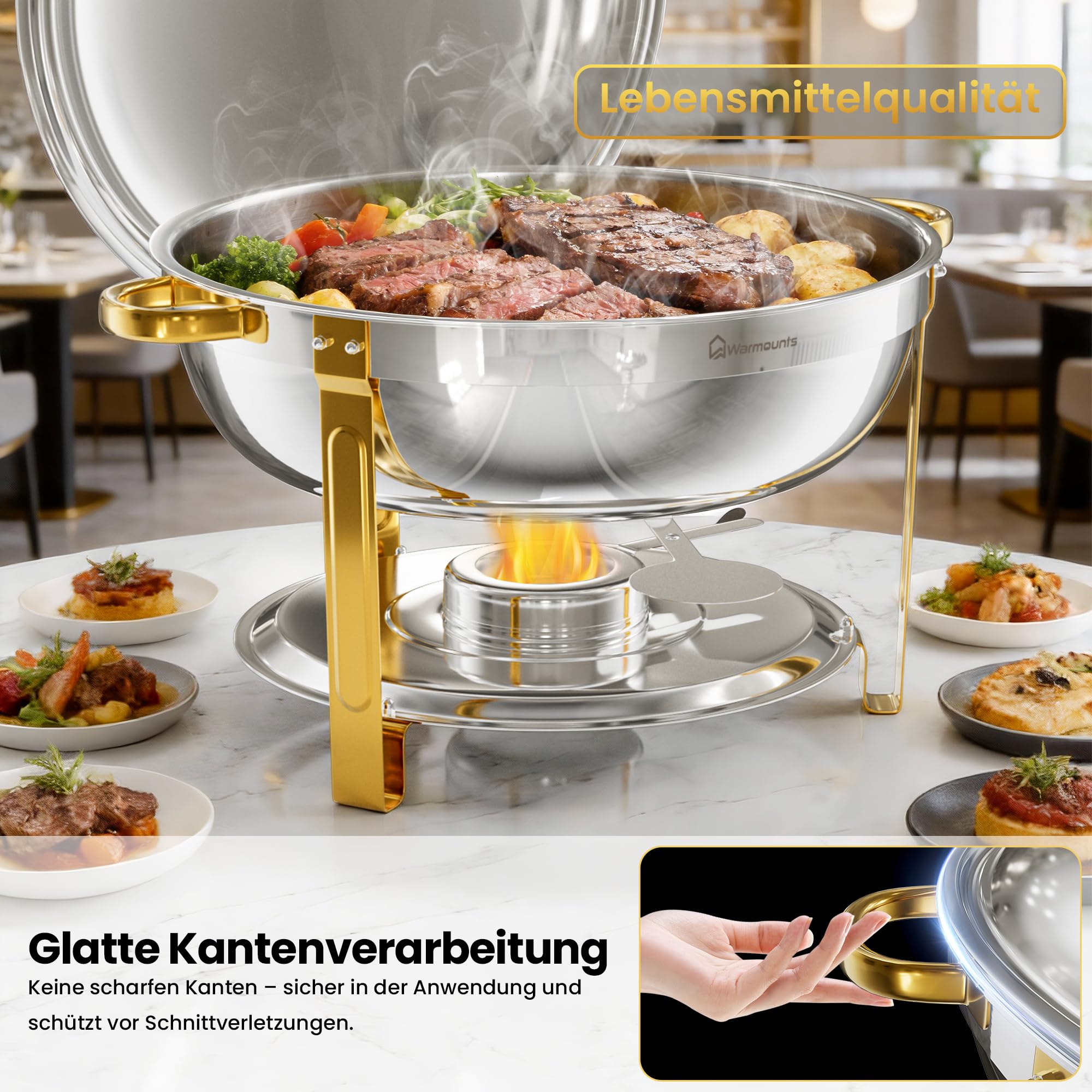 WARMOUNTS Chafing Dish 2er Set 8,5L Silber & Gold, Speisenwärmer Buffet Rund Edelstahl mit Gold-Akzenten & Deckelhalter, Warmhaltebehälter Stapelbar Catering Rechaud für Partys, Hochzeiten & Events