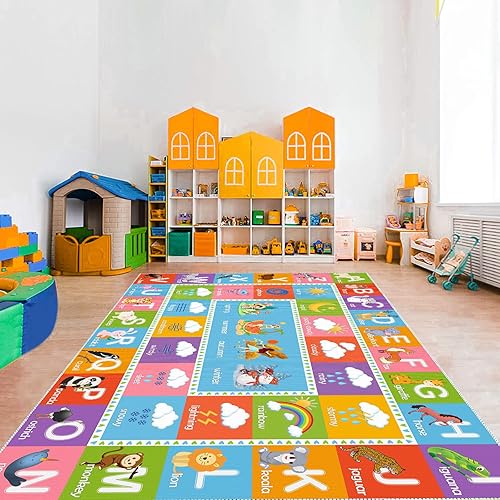 Miniatura 10 de ABC - Alfombra educativa del alfabeto, alfombra de juego de 4 x 6 pies para niños, sala de juegos, tapete antideslizante para niños y niñas