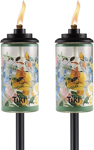 TIKI Antorchas de cristal de flores silvestres, paquete de 2  Iluminación decorativa al aire libre fácil de instalar de 65 pulgadas para patio,