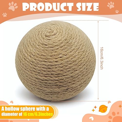Miniatura 2 de Bola de sisal para gatos, bola rascadora natural interactiva grande de 6.3 pulgadas, rascador perfecto para ejercicio y diversión de gatos en