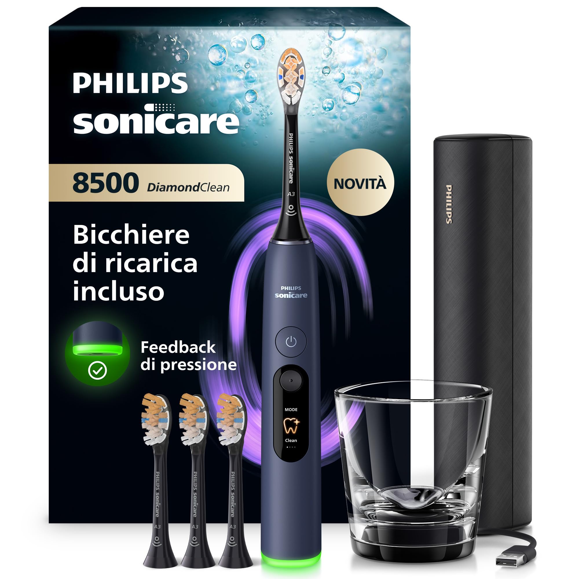 Philips Sonicare Next-Generation DiamondClean 8500 Spazzolino elettrico - con Feedback di pressione, 18 impostazioni, blu scuro, HX8515/13