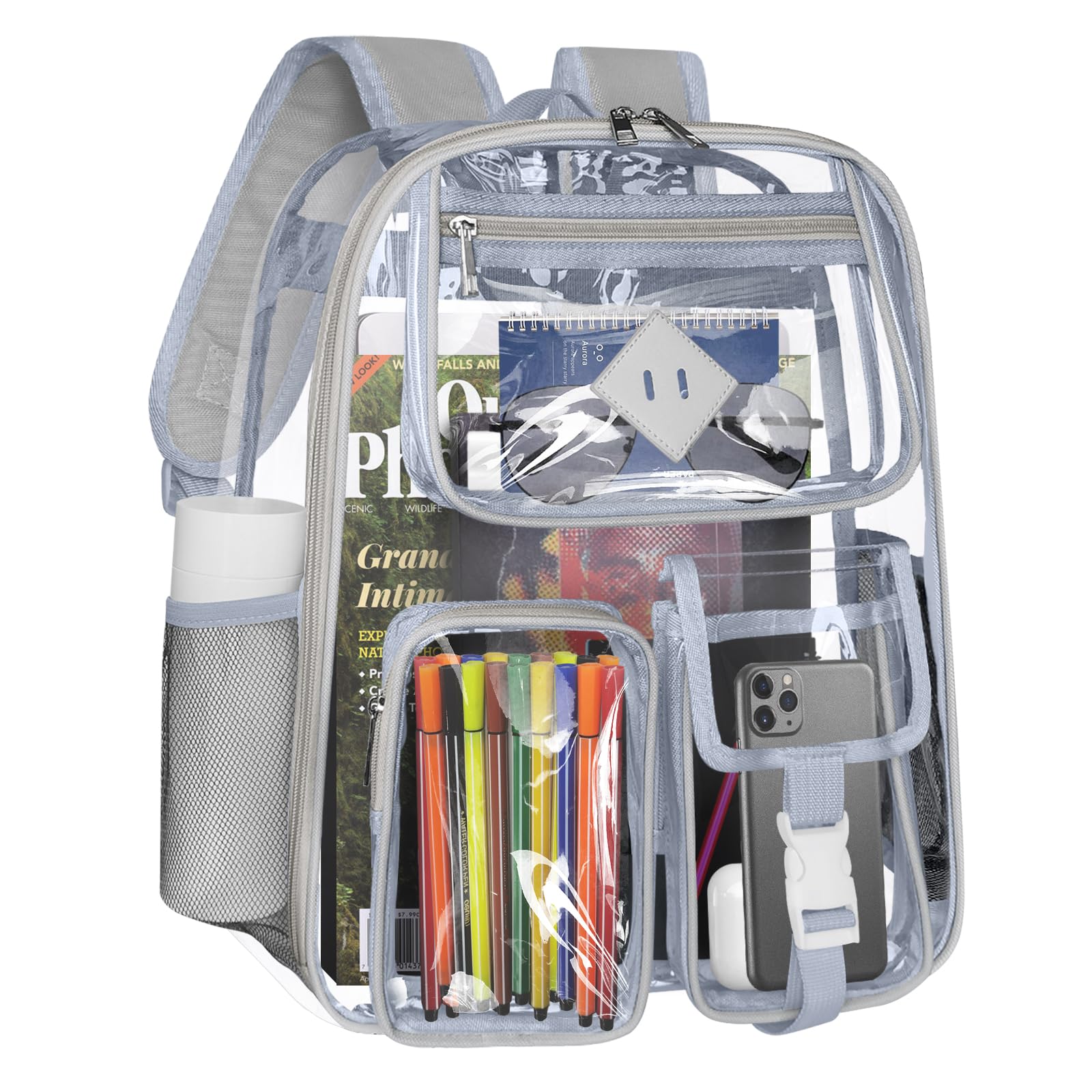 Clear Backpack Heavy Duty Large PVC Transparent See Through Backpacks Work Travel Stadium Approved Festival Backpack (Grey)