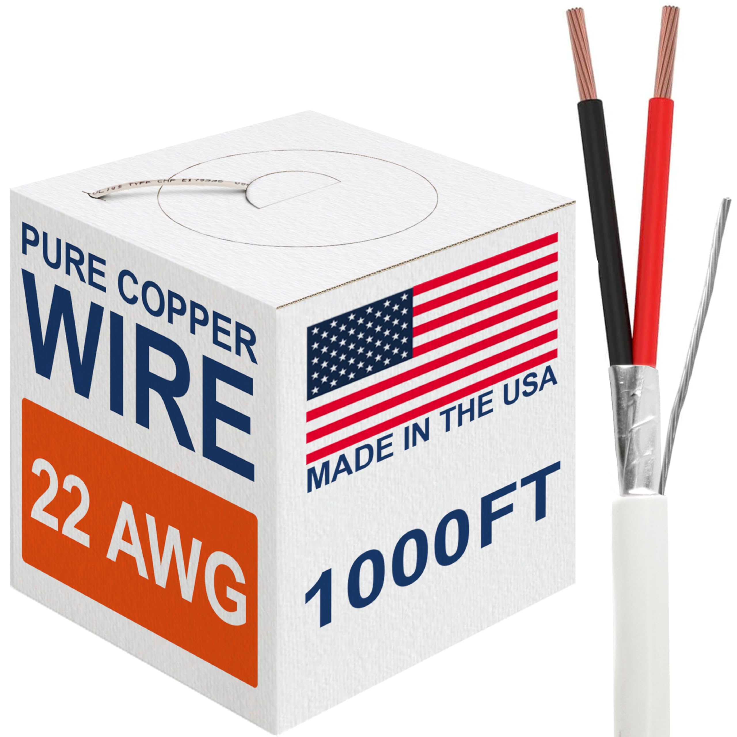 22 Gauge Wire (22 AWG) – 2 Conductor Stranded Copper Shielded Cable – UL Listed 22/2 Home Electrical Wire – Low Voltage Up to 300V – CL3P Low Smoke Plenum Jacket – USA Made (1000ft Pull Box - White)