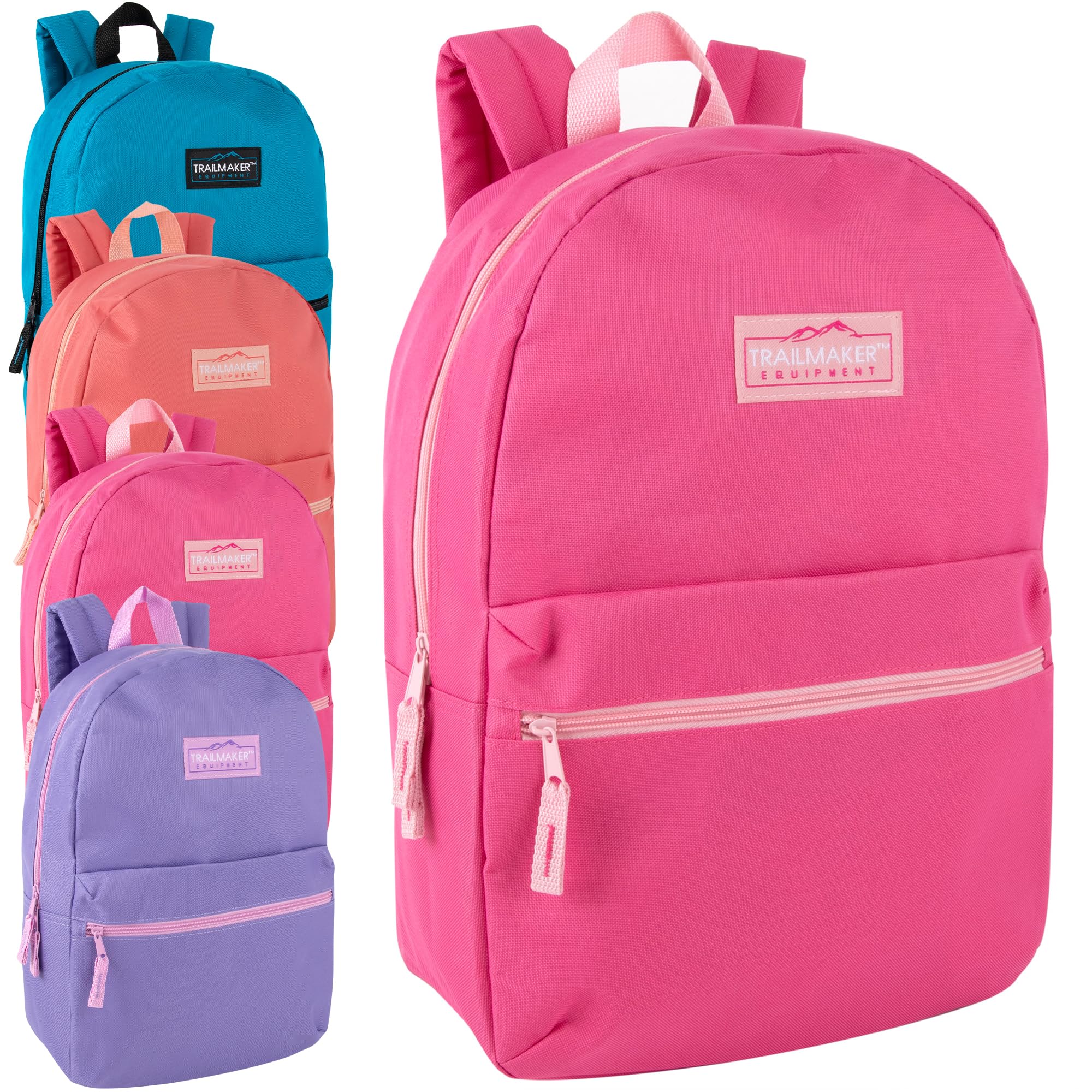 Trail maker 24 Pack Classic 17 Inch Backpacks in Bulk Wholesale Back Packs for Boys and Girls (Assorted Girls 4 Color Pack)