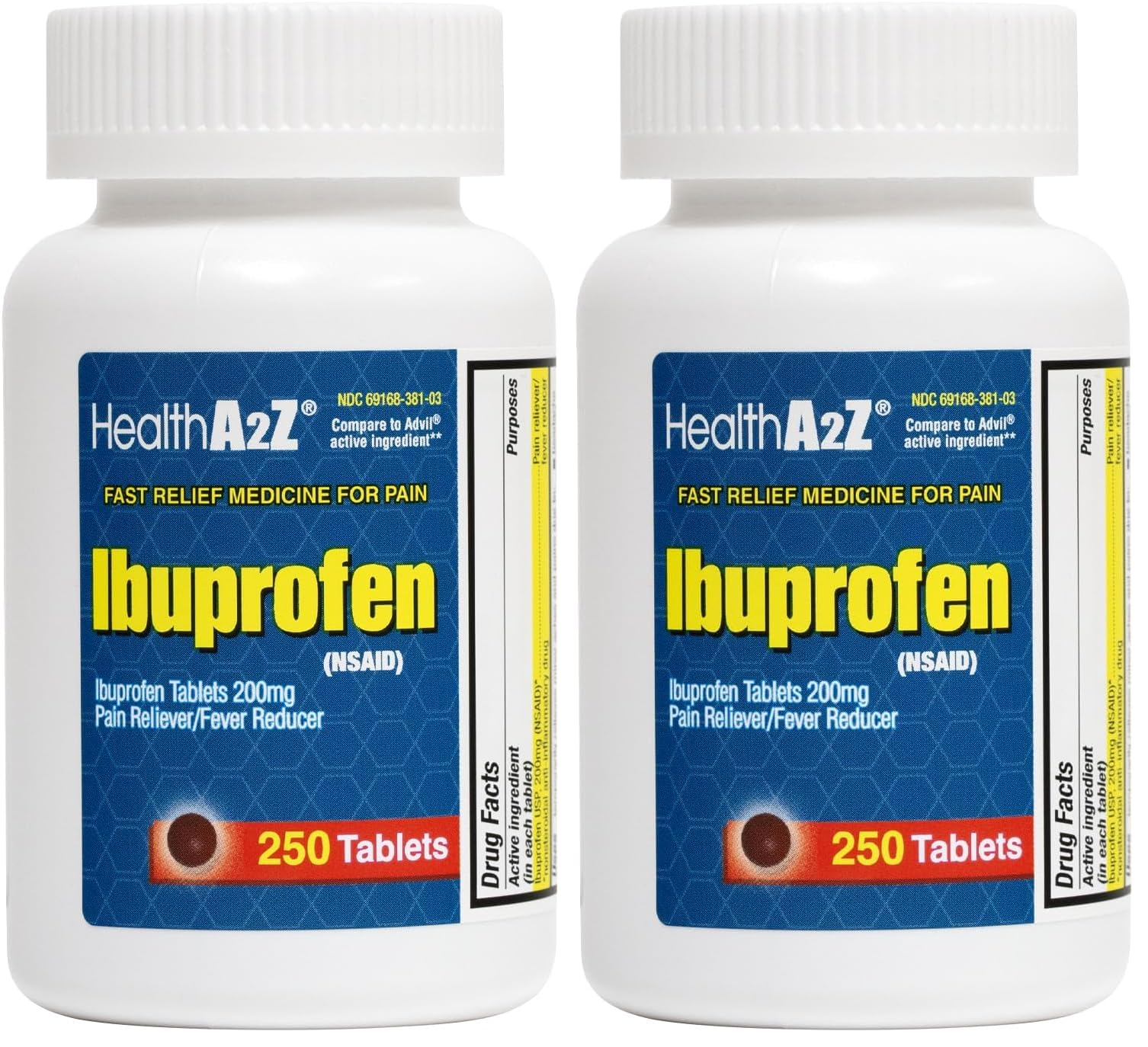 HealthA2Z® Ibuprofen 200mg | Pain Relief | Body Aches | Headache | Arthritis | Cramps | Back Pain | Fever Reducer… (250 Count) (Pack of 2)