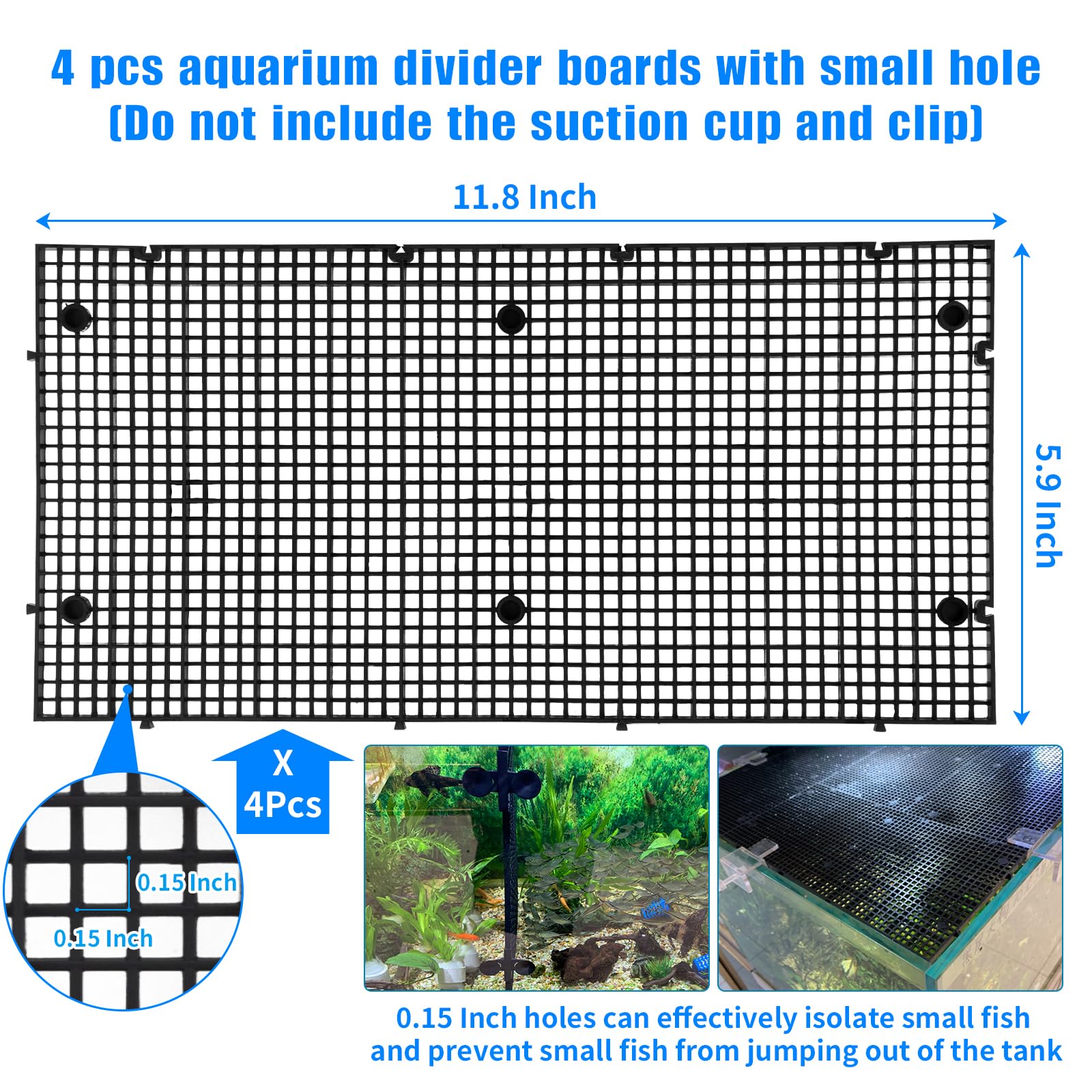 Divisor de pecera de bricolaje, divisor de acuario, filtro inferior, tabla de aislamiento, bandeja de caja de huevos (negro, 4 piezas de 11.8 x 5.9 pulgadas con agujero de 0.15 pulgadas)