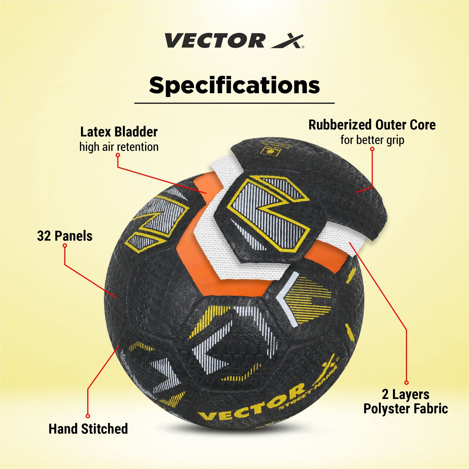 Vector X Street Mania Rubberised Hand Stitched Indoor/Outdoor Water-Resistant Football with Latex Bladder, Black-Yellow, Size 5, Suitable for Match and Training for Adults 15+ Years 2