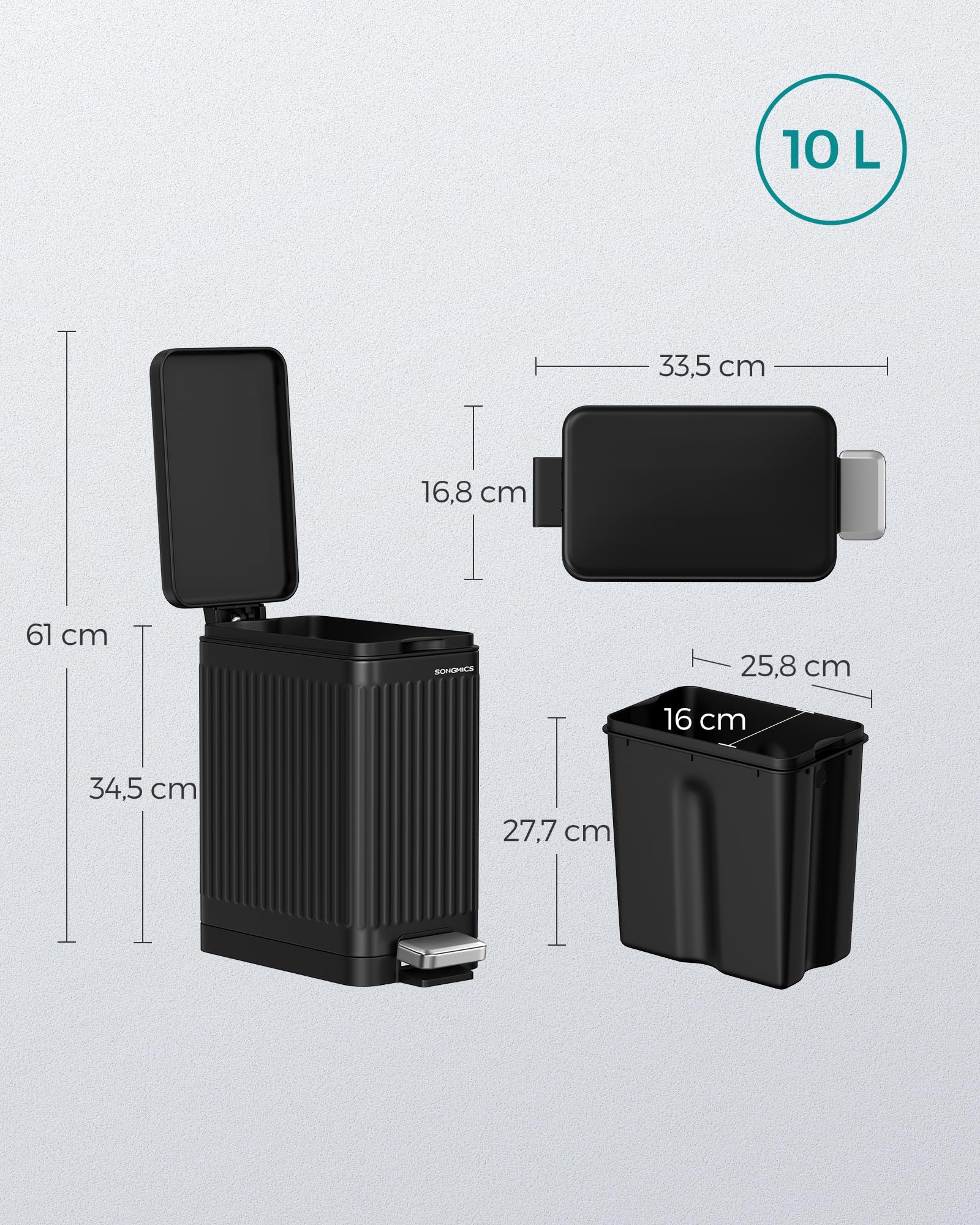 SONGMICS LTB562B01 - Pattumiera da bagno, con coperchio, pattumiera a pedale, piccolo, sottile per piccoli spazi, acciaio, chiusura morbida, colore nero