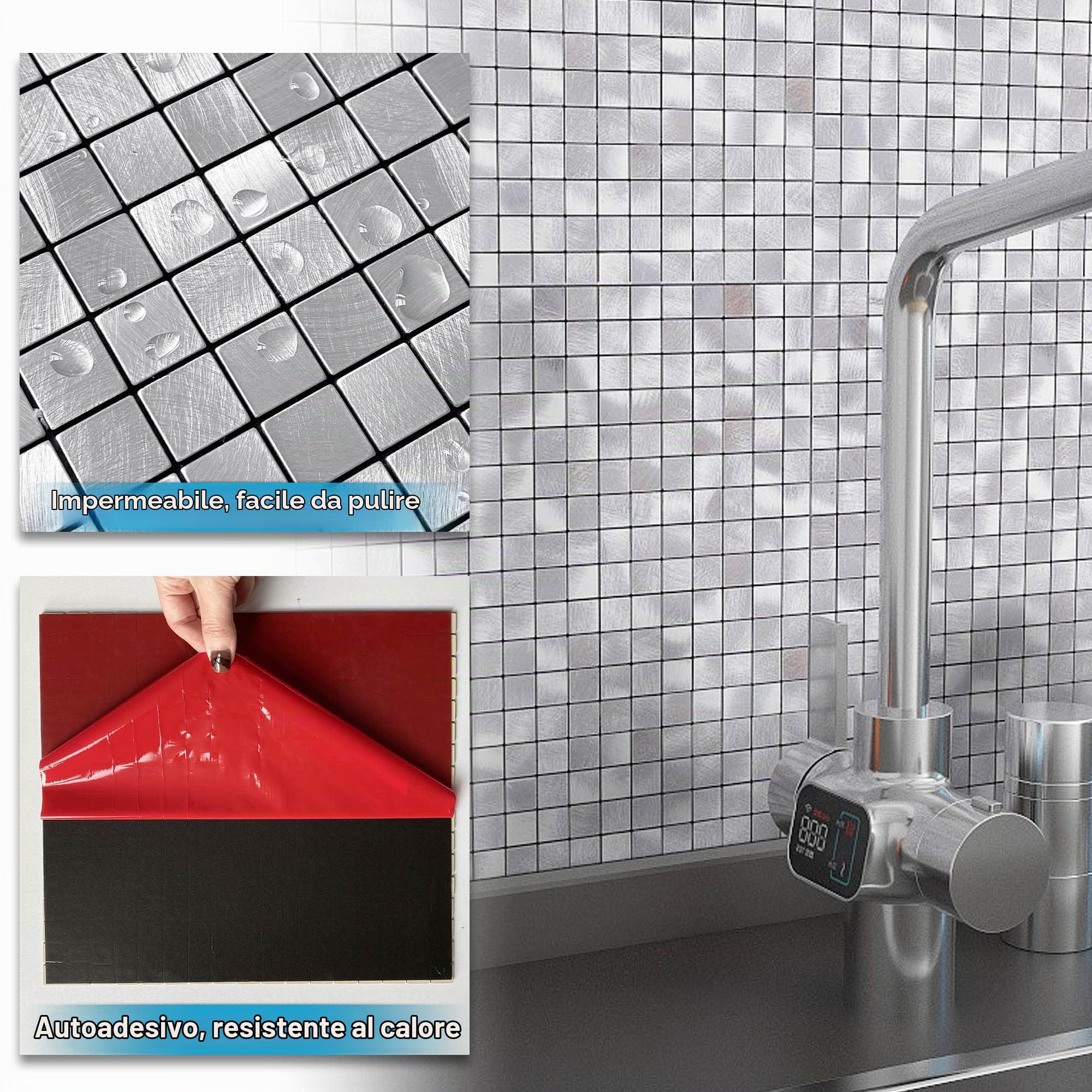 BeNice Piastrelle Adesive per Cucina e Bagno - Mosaico Metallico Bianco Argento (10 Pezzi)