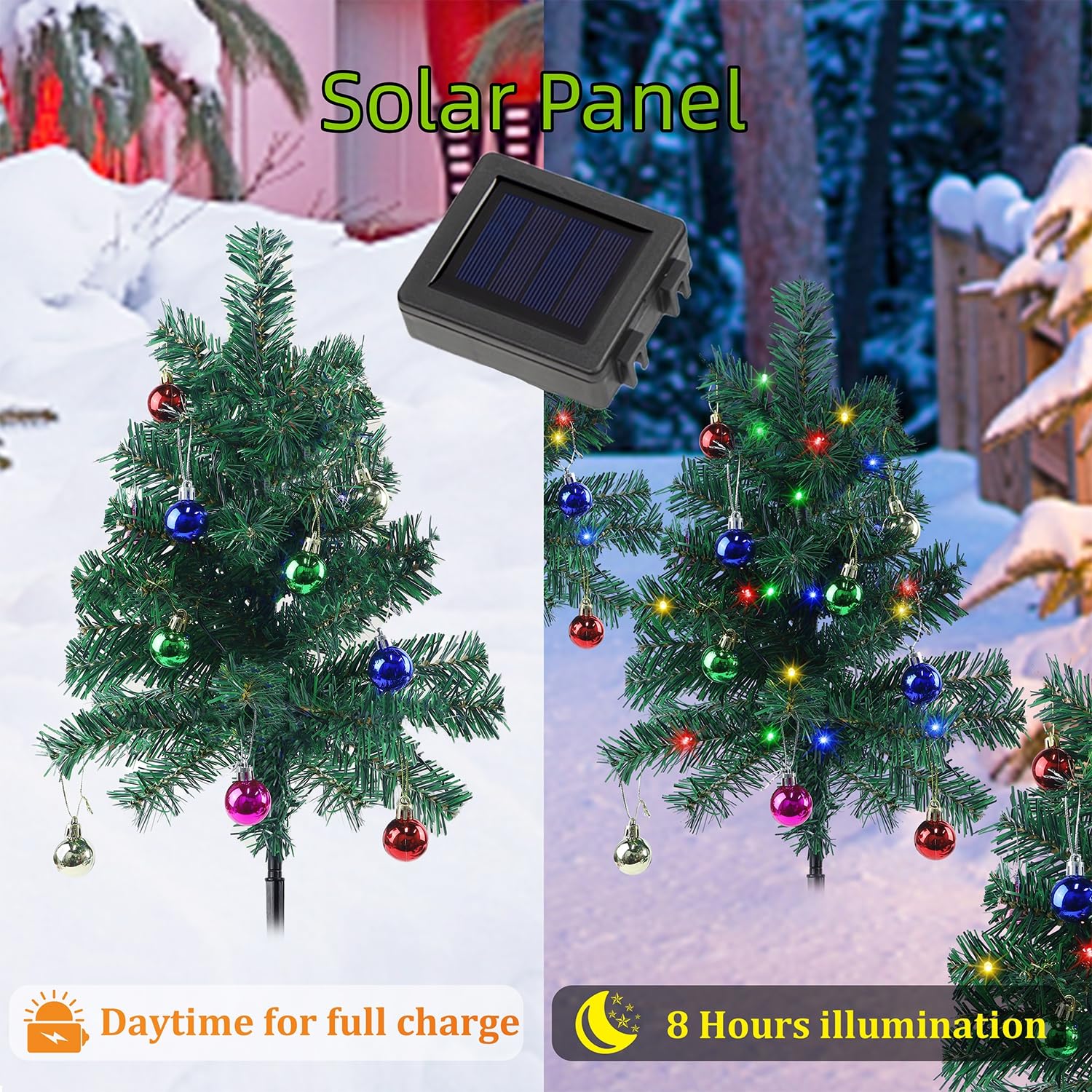 Juegoal Set of 4 Solar Christmas Trees Outdoor, 18 Inch Decorative Lighted Xmas Tree with Garden Stake, Solar Powered Pre-lit Xmas Pathway Lights for Holiday Walkway Patio Garden Xmas Winter Decor